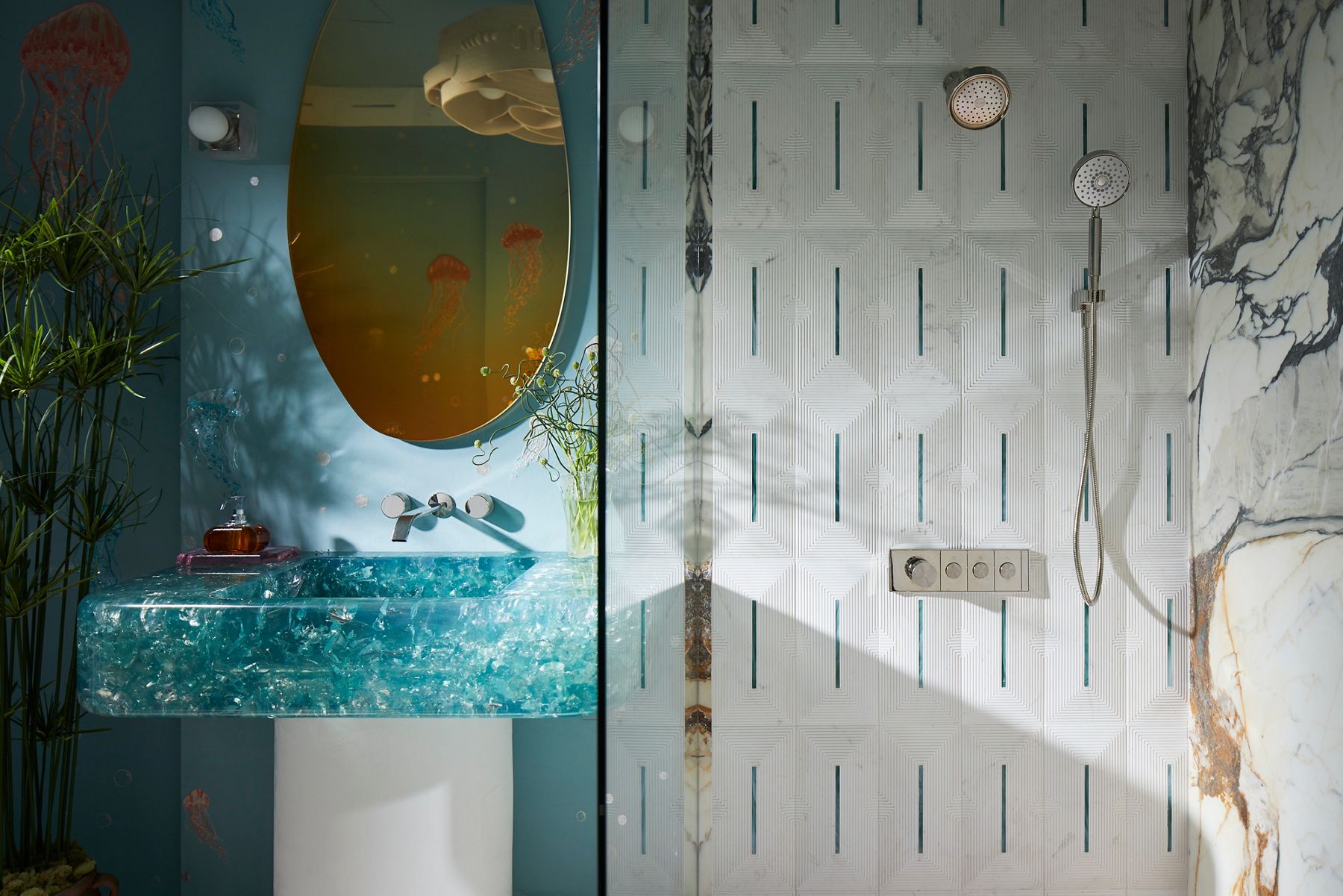 A bathroom design by Helen Bergin with light blue and white colors.
