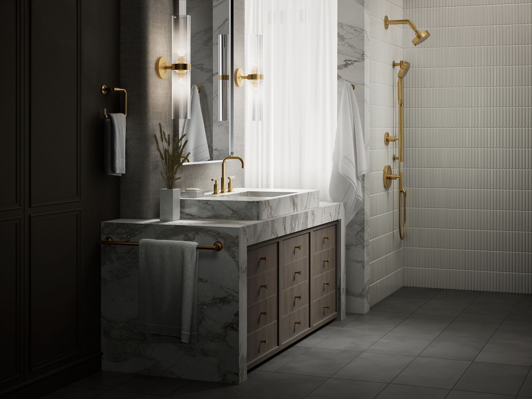 Dark and moody image featuring Purist lighting, bathroom accessories, bathroom sink faucet and shower components in vibrant brushed moderne brass.