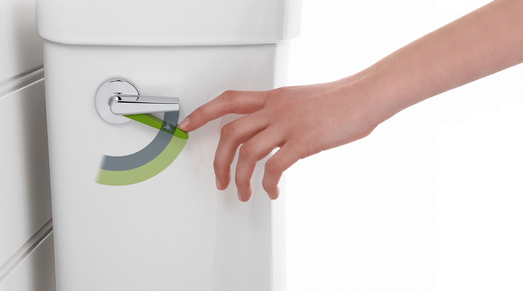 View of the Kohler dual-flush lever, with longer green handle for light flush.