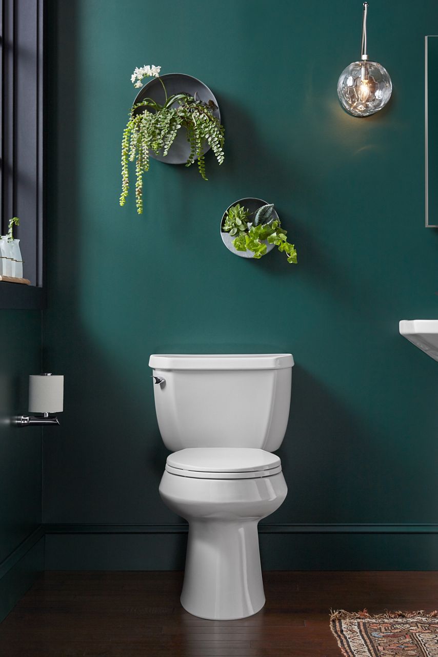A white toilet installed against a green wall, with ferns and flower plants in round wall-mounted planters.