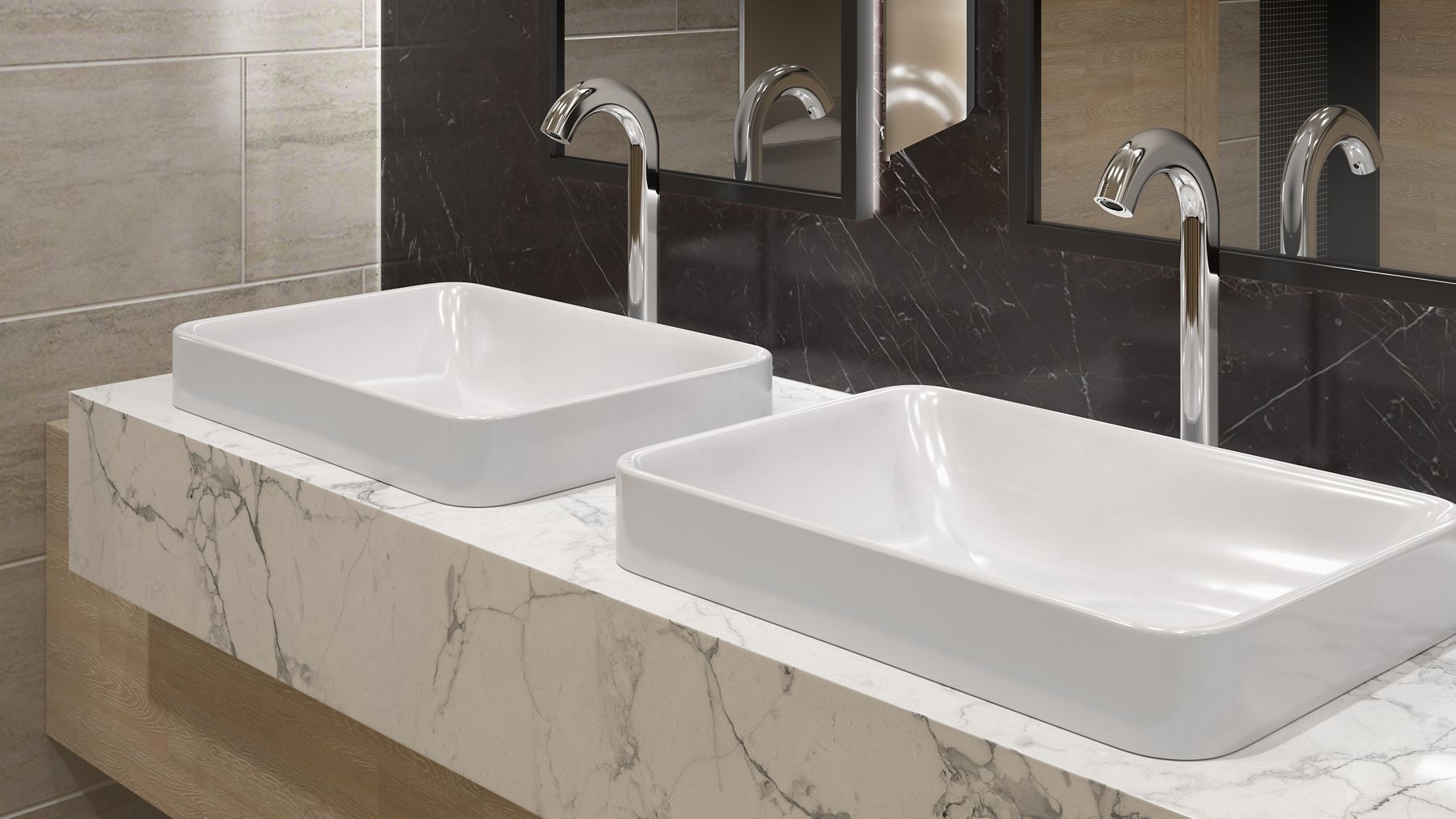 A tube-shaped chrome faucet with a rounded bend at the top.