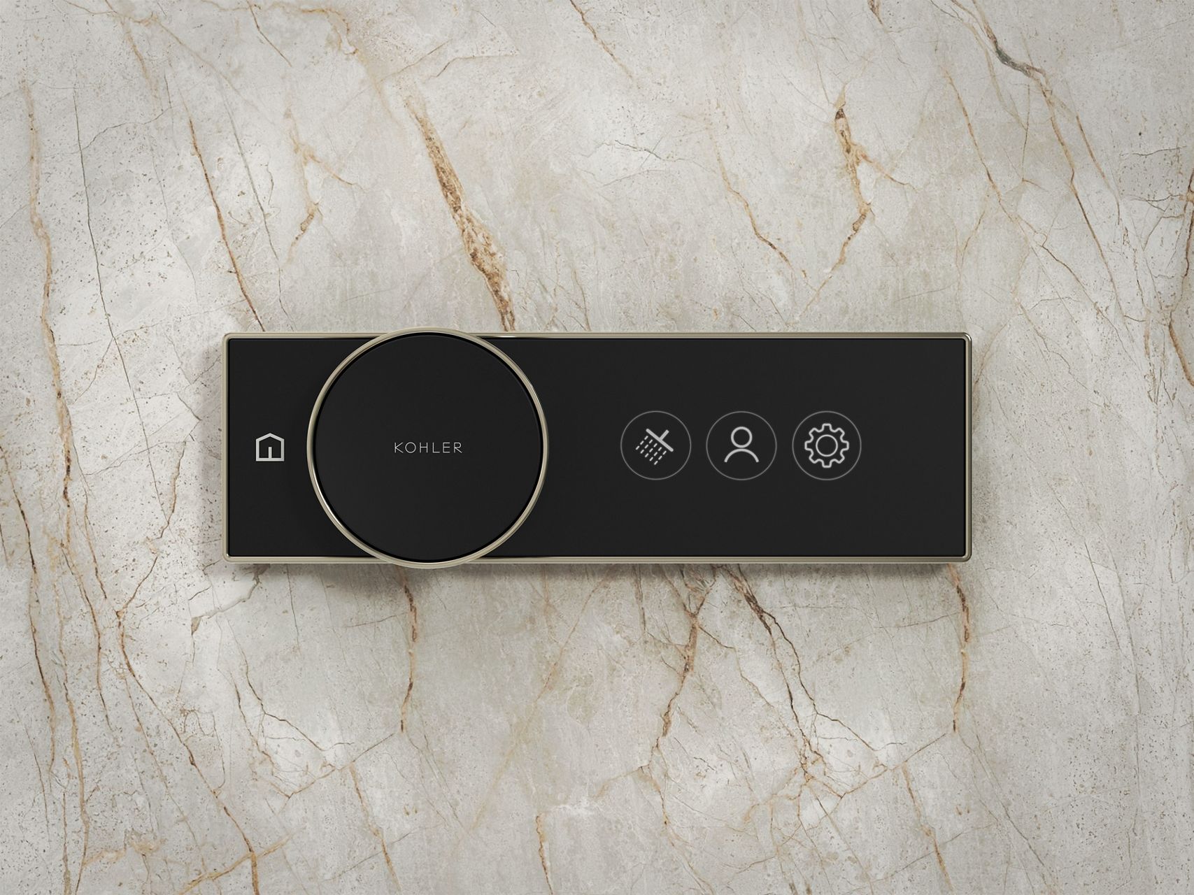 Close-up of a modern digital shower control panel by Kohler, featuring a large circular dial and touch-sensitive icons, mounted on a light marble wall with natural veining.