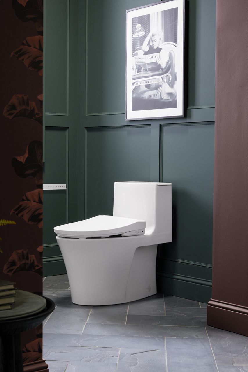 A white one-piece toilet with a low-profile bidet seat in a bathroom with dark teal walls.