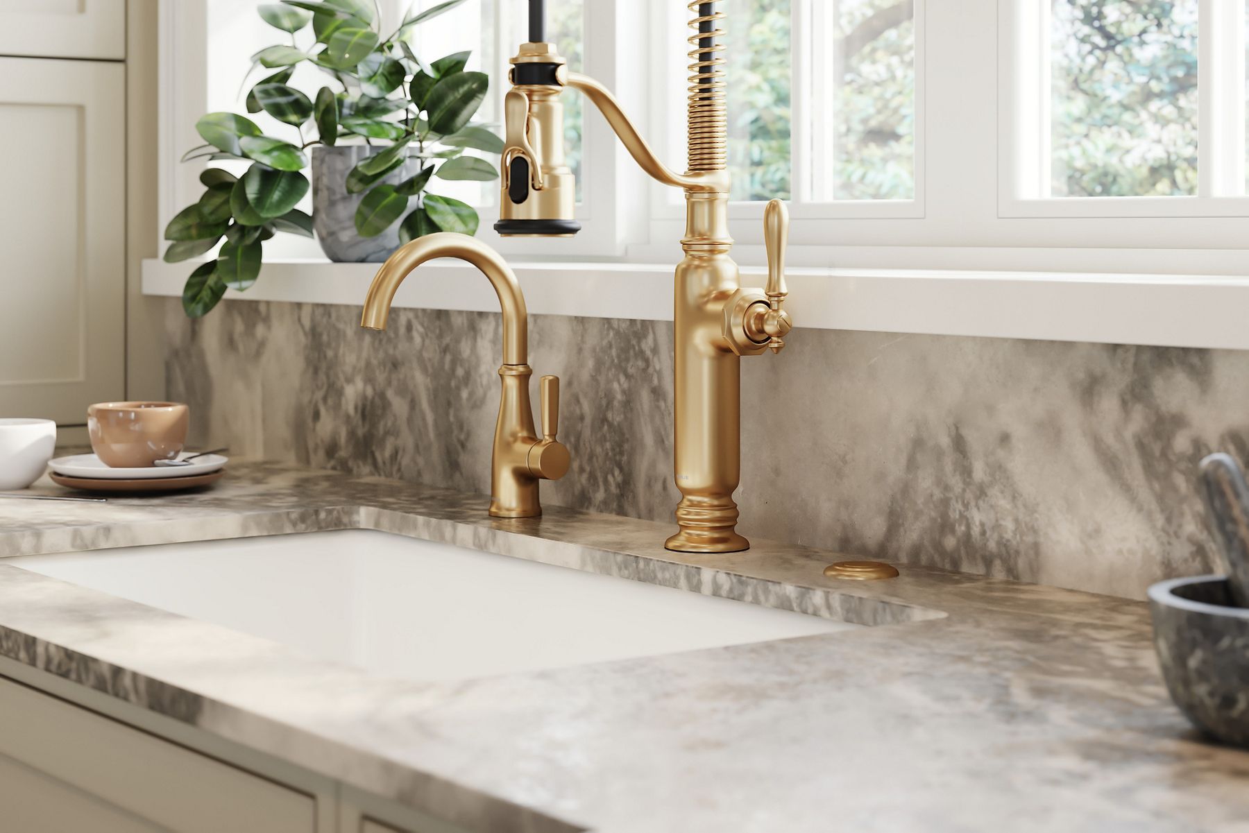 A close up shot of a gold sink faucet with a single lever.