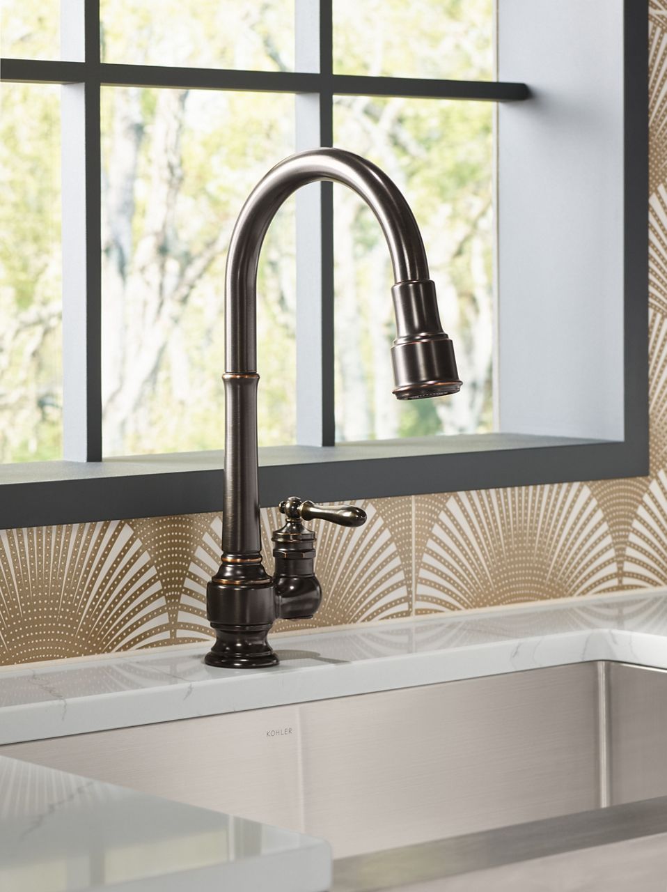 Detail of a faucet with an oil-rubbed bronze finish.