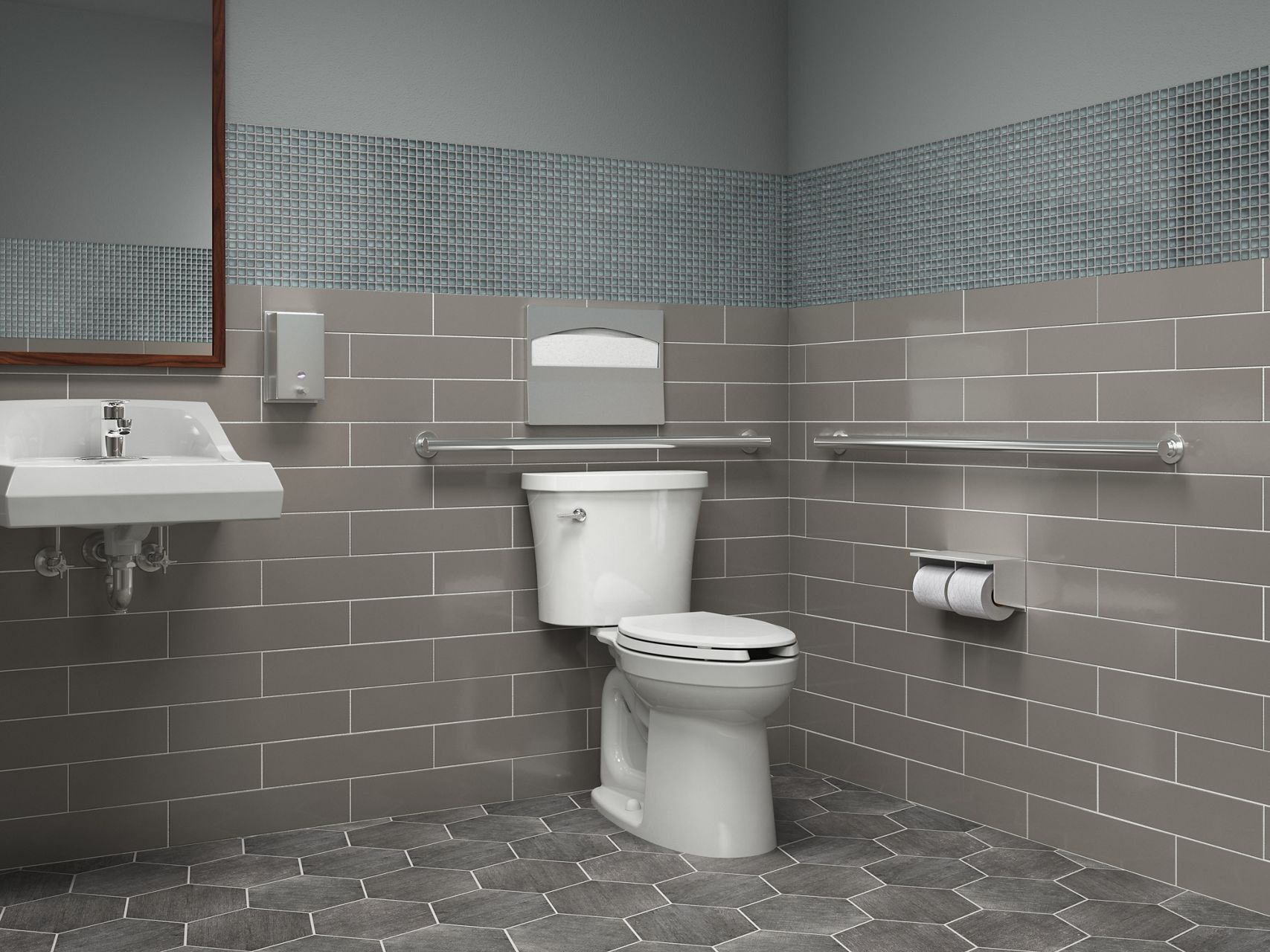 A white, two-piece toilet with a gray tile wall and floor.