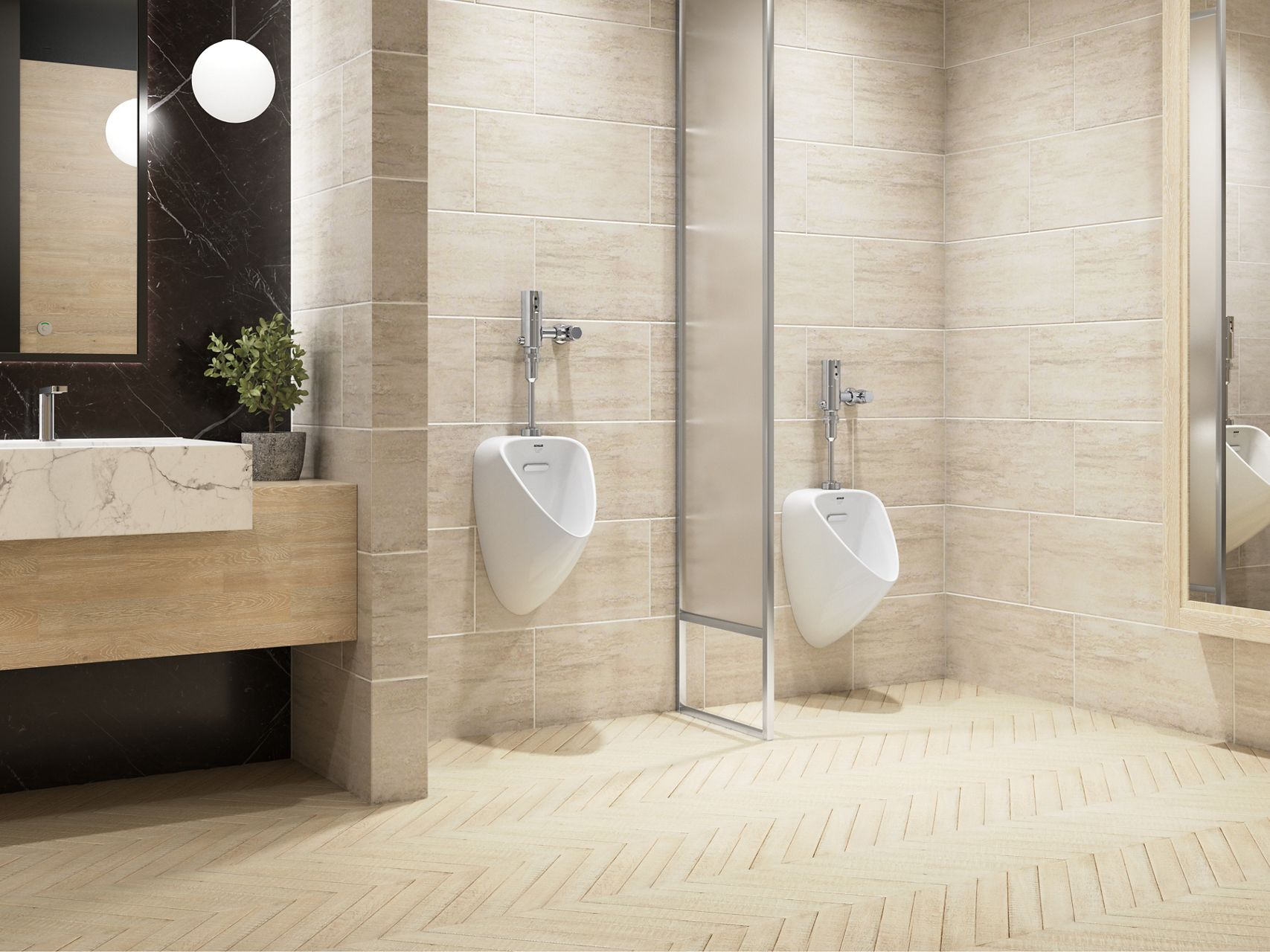 A wall-mount urinal on a mottled cream colored tile wall.