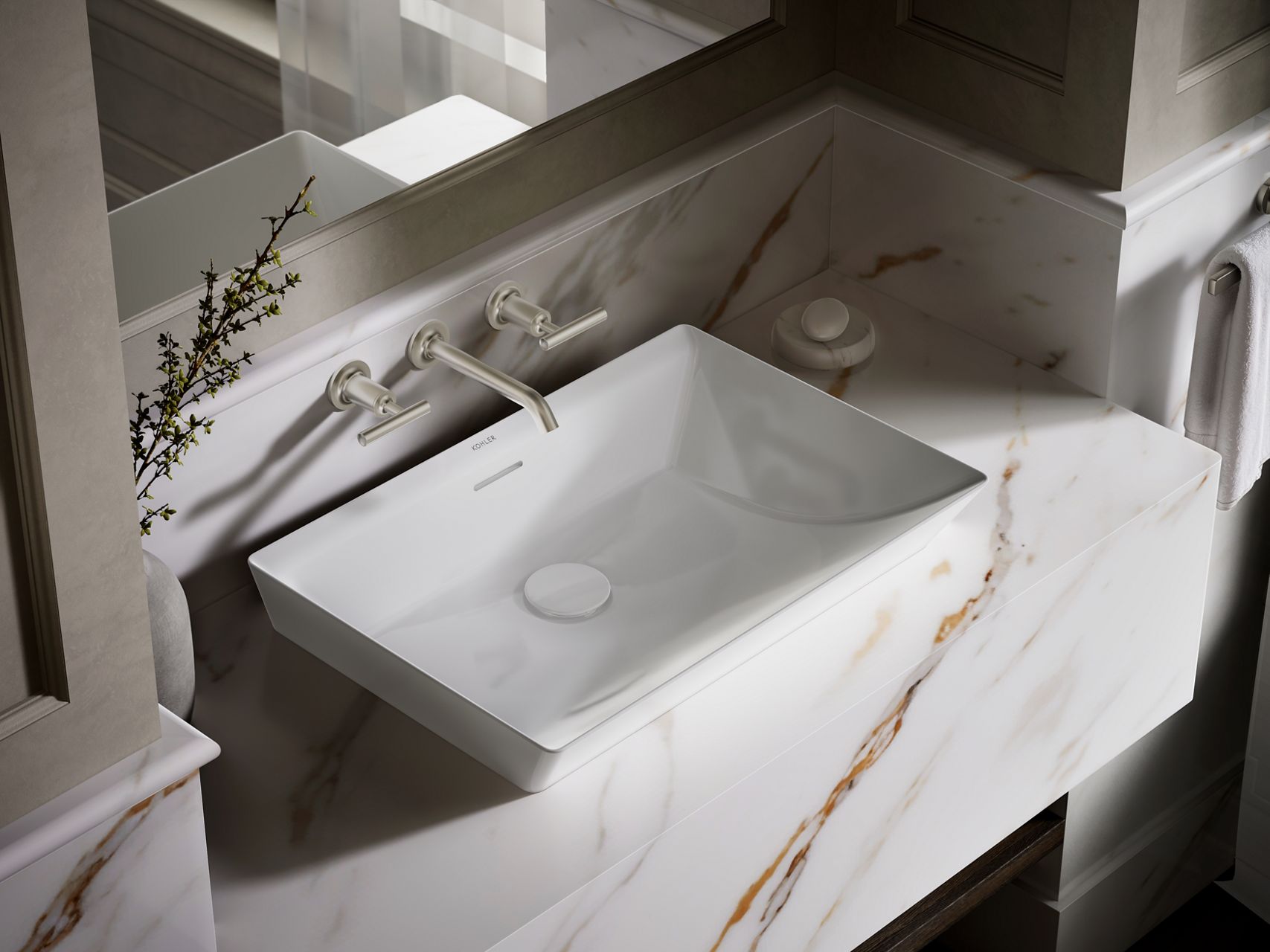 Elegant white rectangular sink with a subtle marble countertop.
