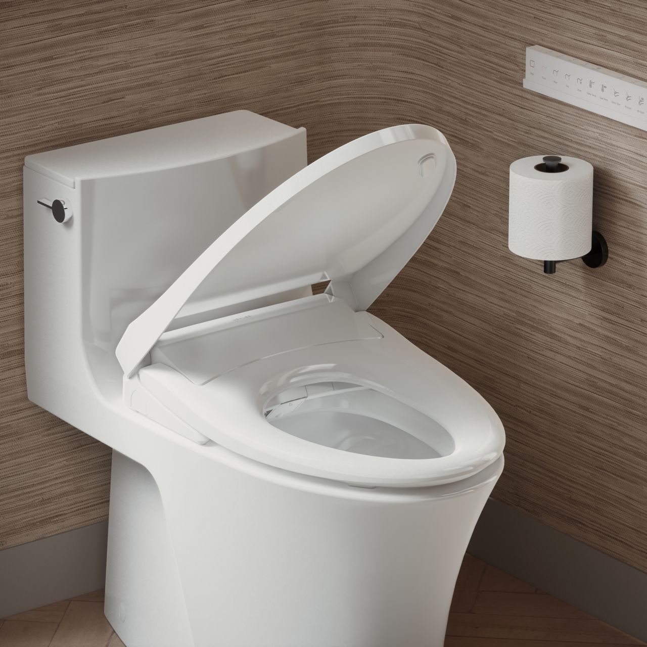 Open toilet seat in a bright, neutral-toned bathroom.