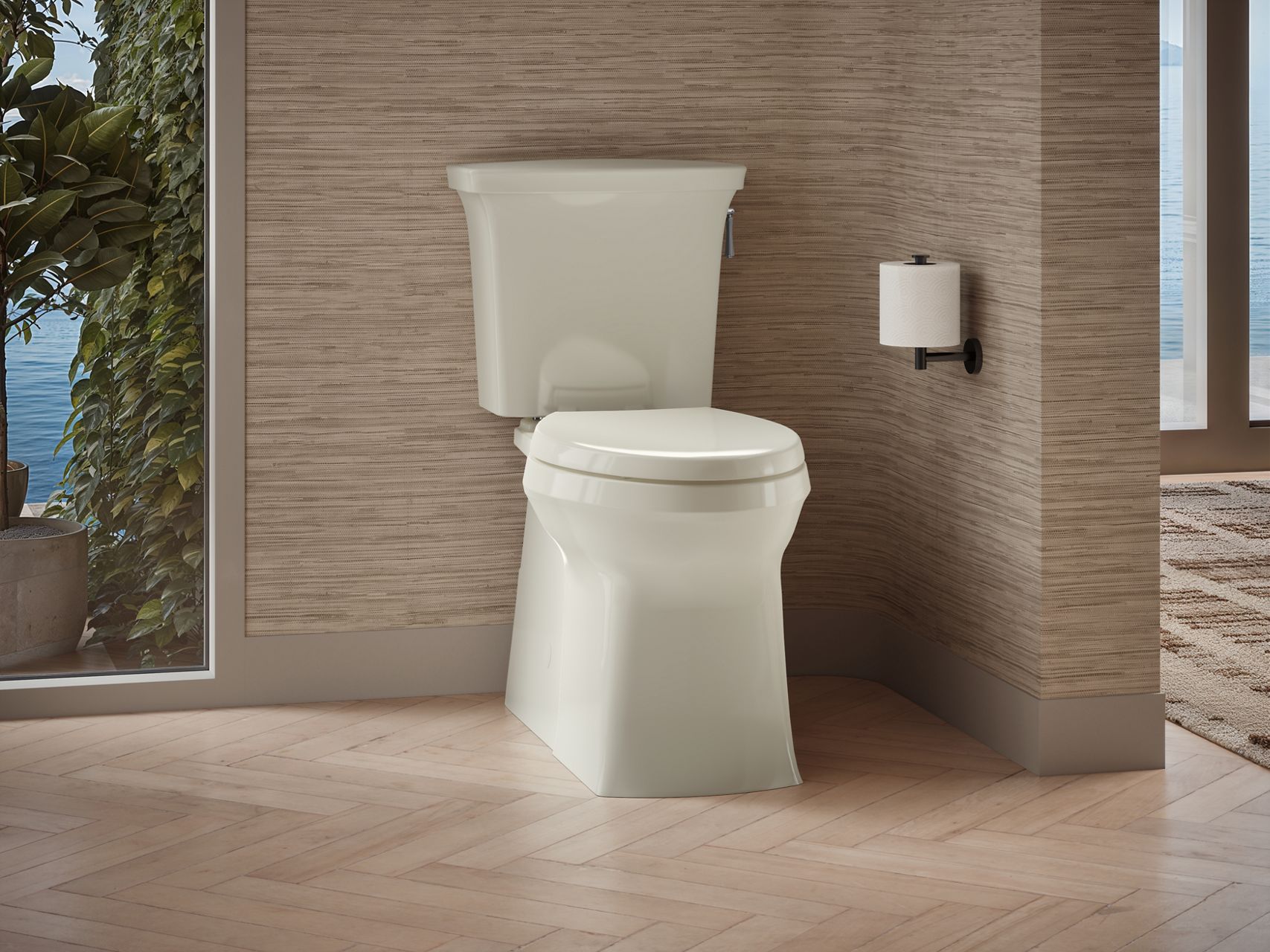  Traditional white toilet with clean lines in a softly lit bathroom.