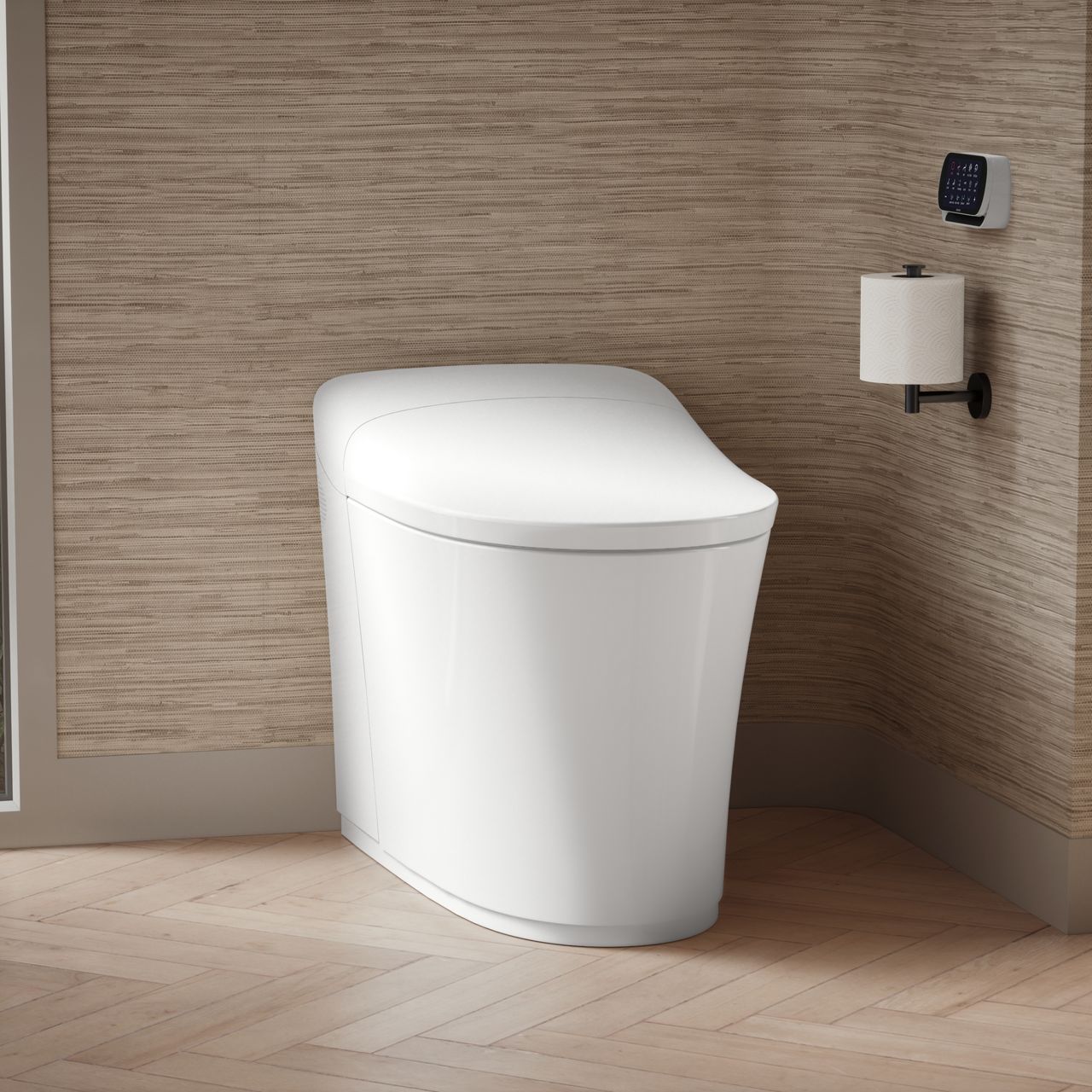 Compact one-piece toilet with tank and bowl combined in minimalist bathroom.