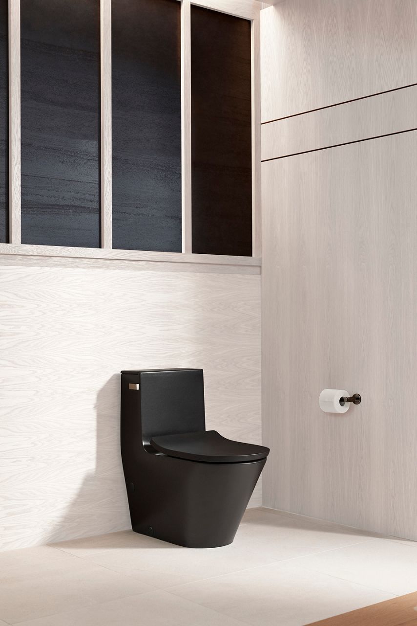Sleek black one-piece toilet with angular modern design.