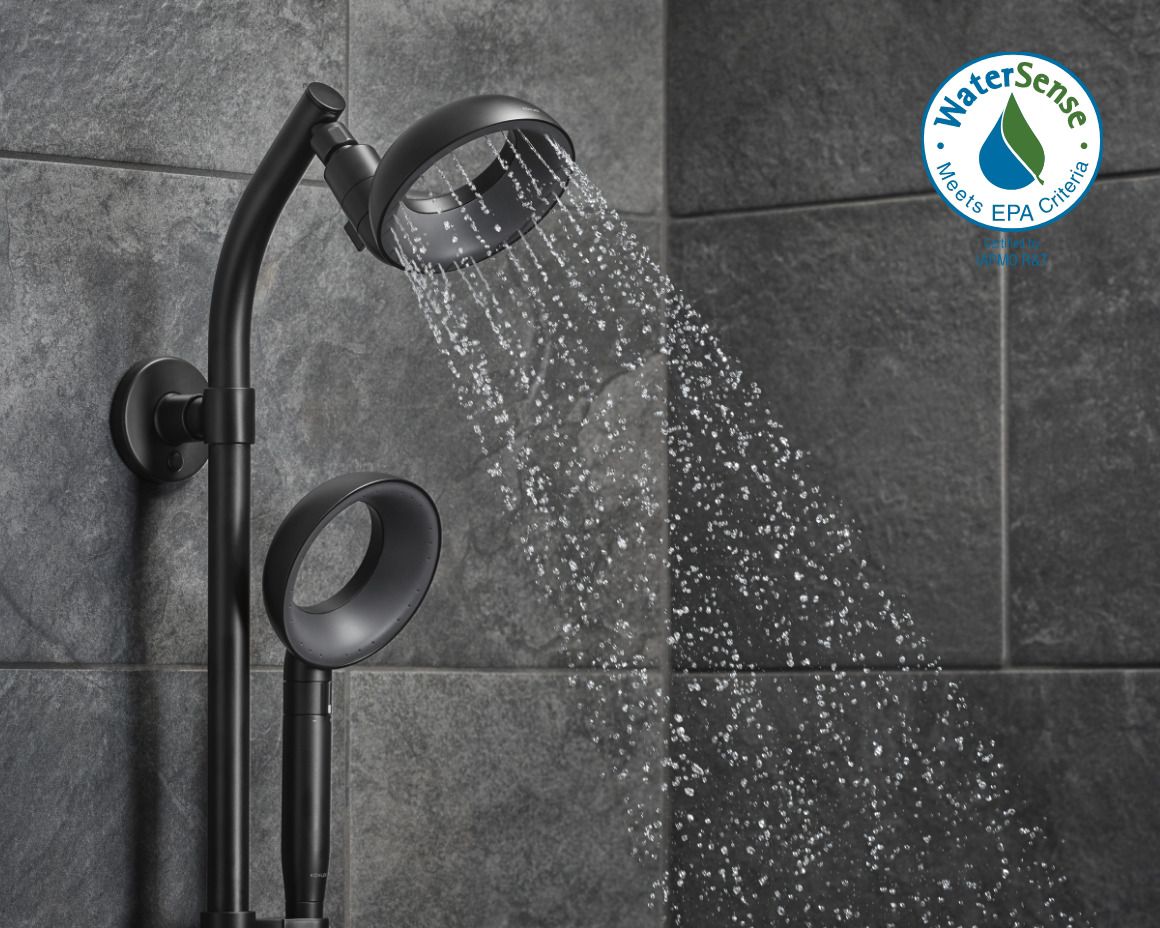 A black matte showerhead and handheld attachment spraying water in a tiled shower area with a modern design.