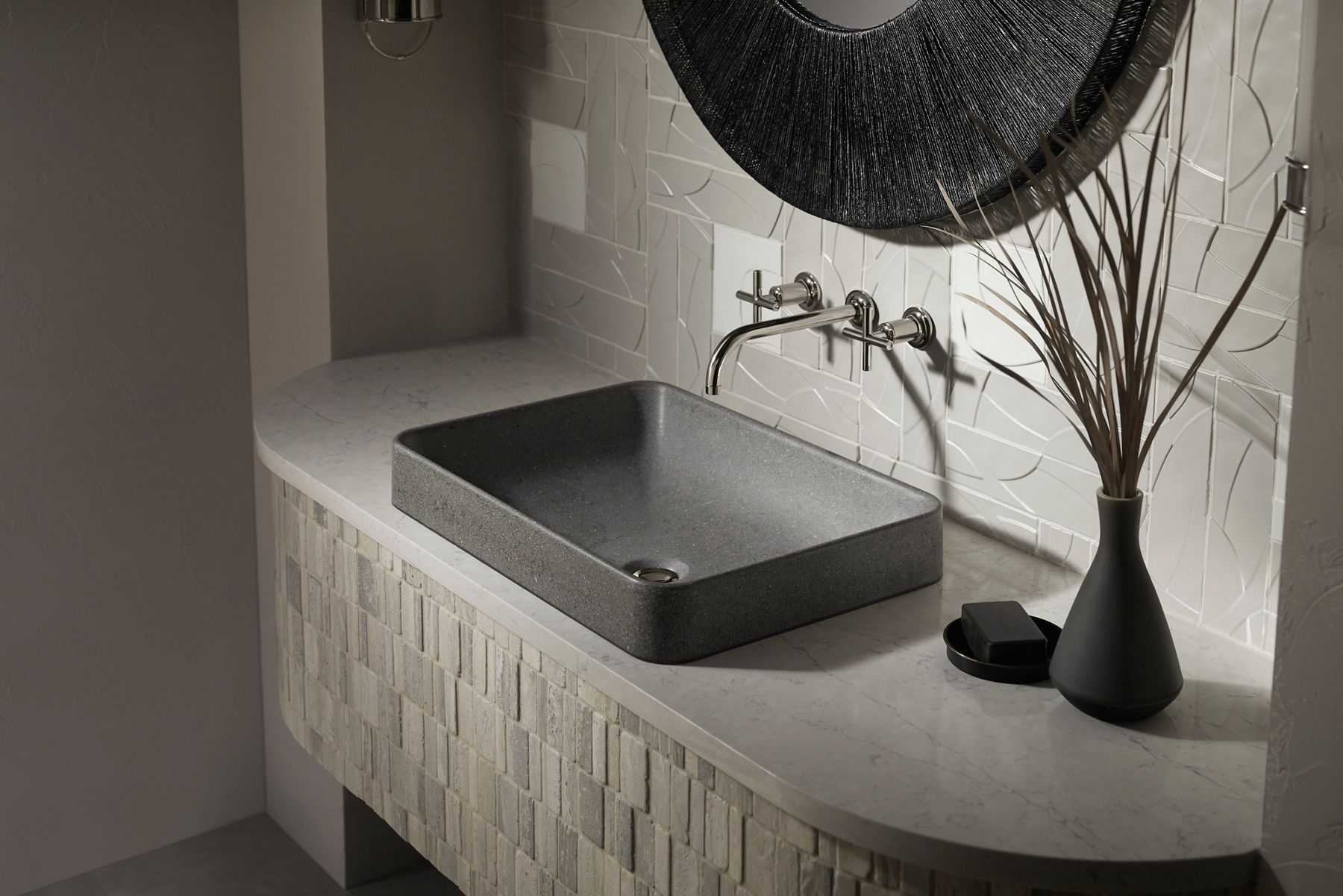 KOHLER WasteLAB® Vox® Sink paired with mosaic tile backsplash made from recycled materials.