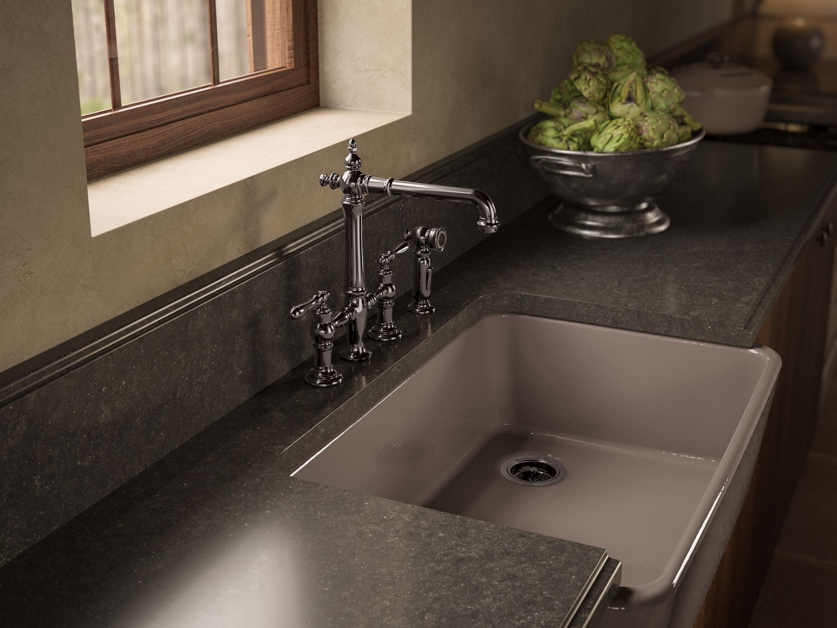 Close-up of chrome bridge faucet in rustic kitchen setting.