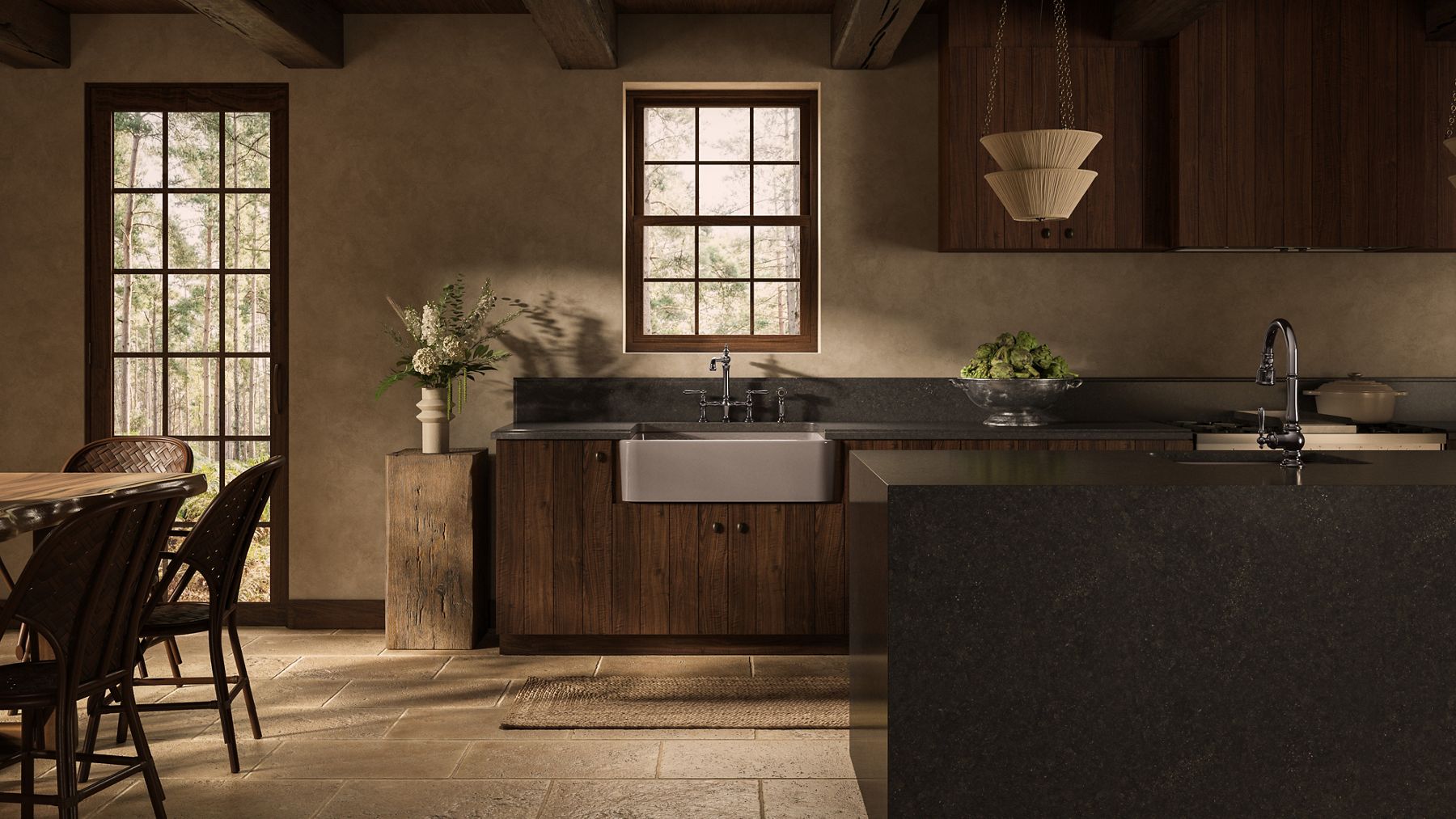 Farmhouse sink with chrome bridge faucet in wood-accented kitchen.