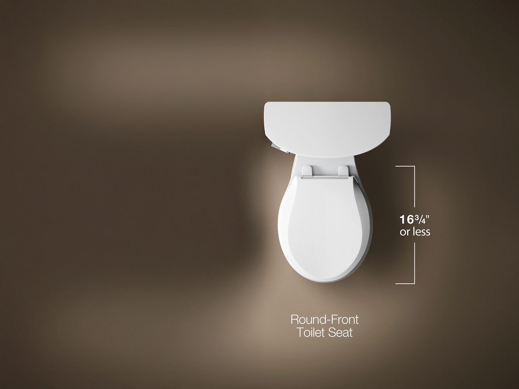 Round-front white toilet bowl with measurement guide showing 16.75 inches or less.
