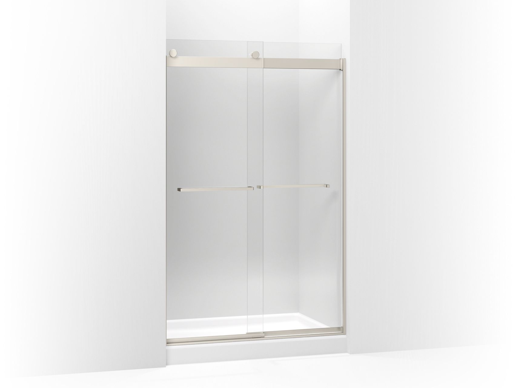 Glass-paneled shower receptor with a minimalistic, modern design .