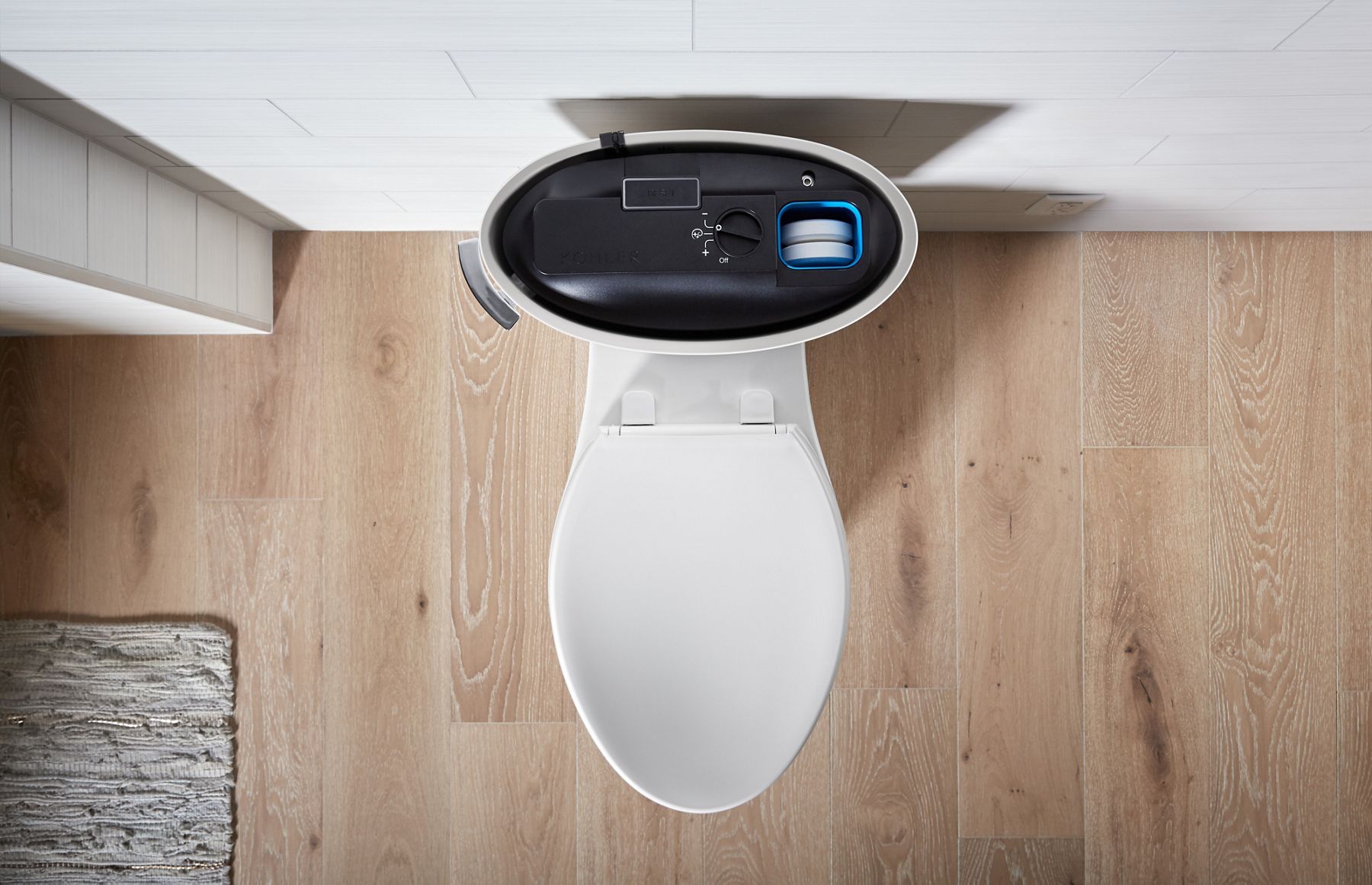 Two-piece elongated white toilet with soft-close lid.