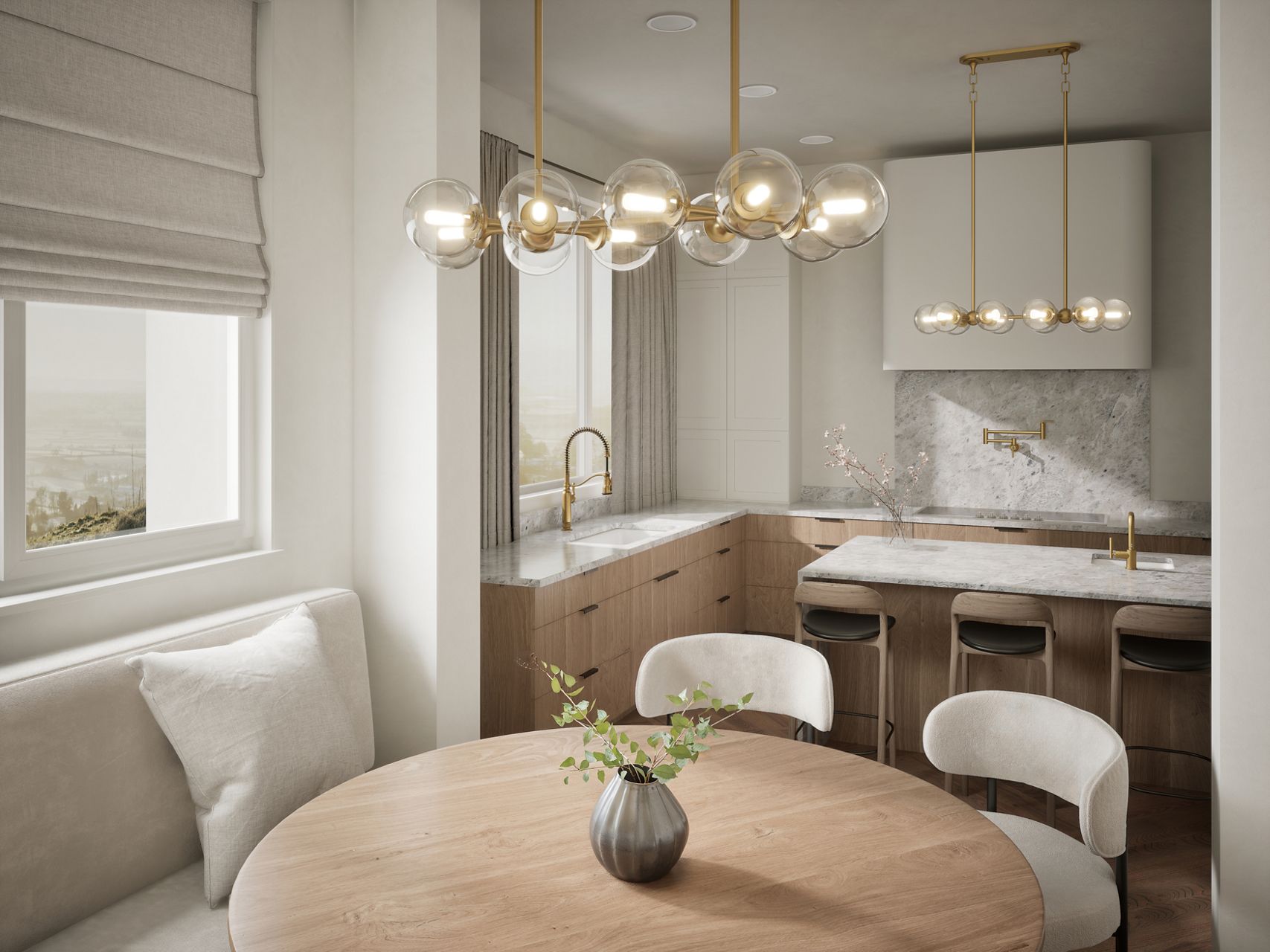 Modern kitchen featuring brass and glass globe chandelier lighting, white cabinetry, marble backsplash, and brass fixtures.
