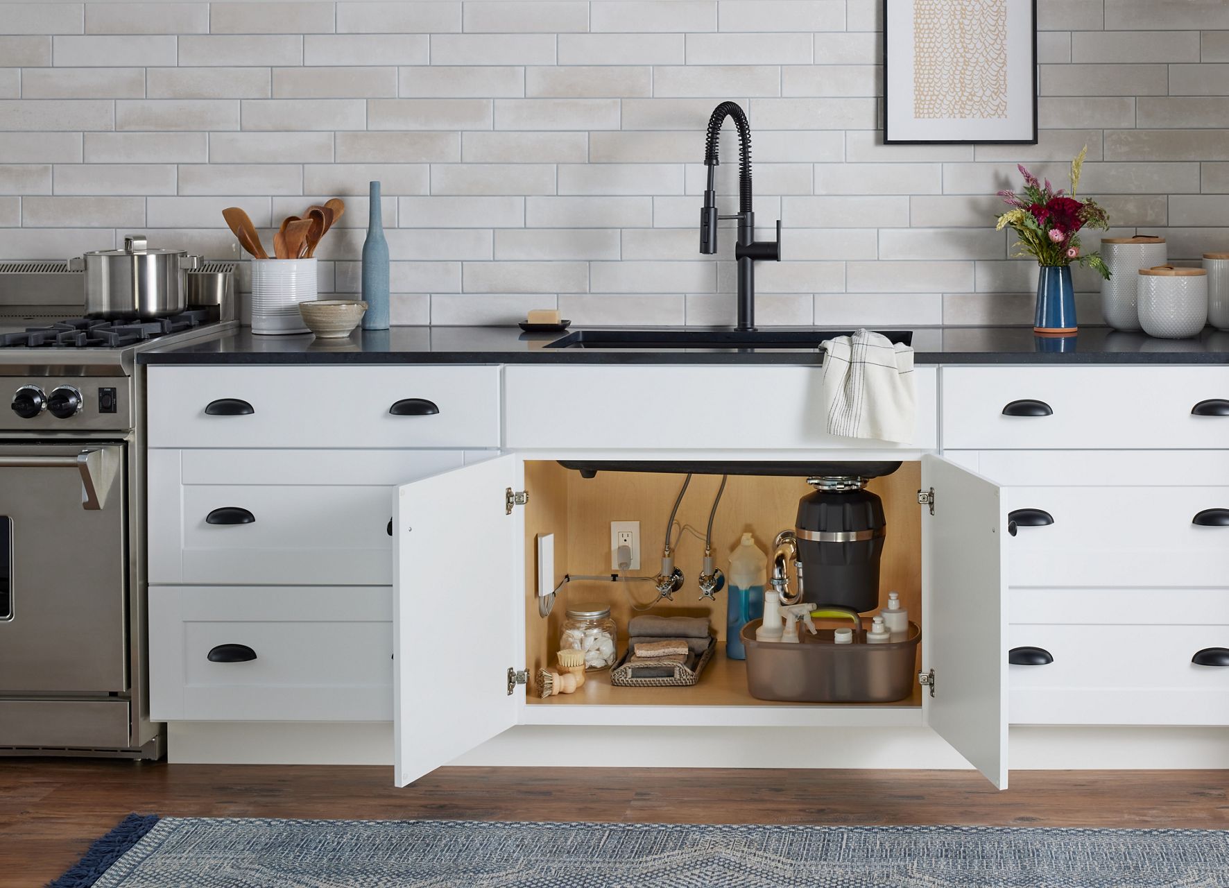 Kohler Water Management System visible by virtue of opened cabinet doors under the sink