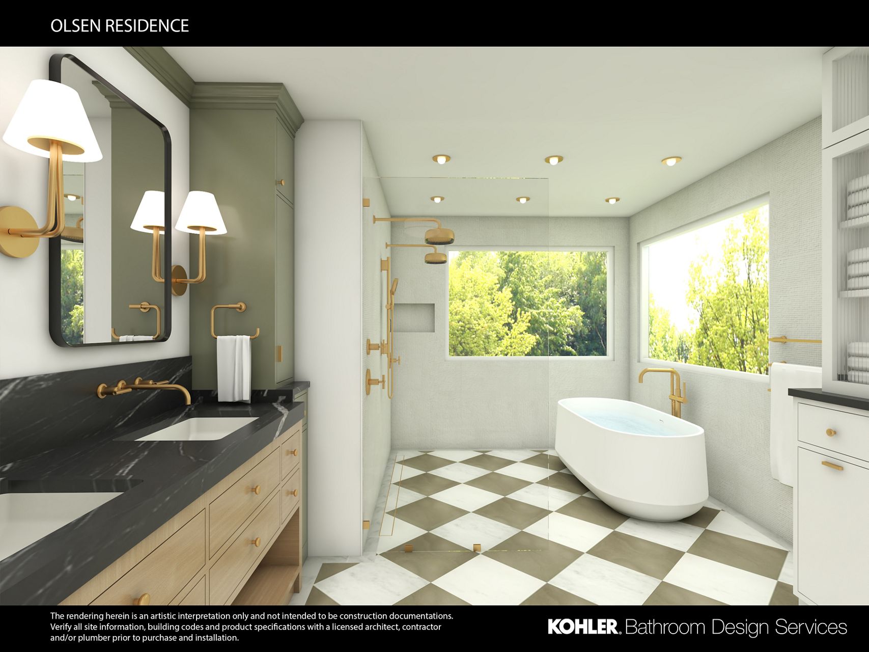 A bathroom with checkered flooring, a white freestanding bath, a wood-grain double vanity with gray counter tops, and brushed brass finishes throughout.