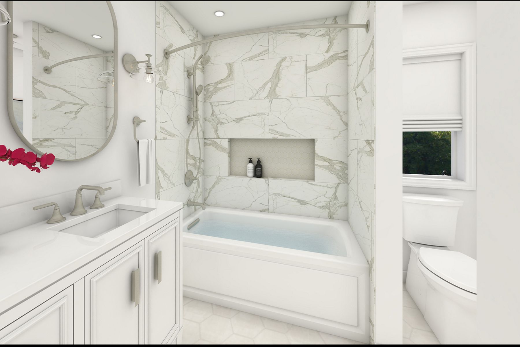 A bathroom with a white vanity and countertop, a white alcove bath, and white stone tile walls with gray veining.