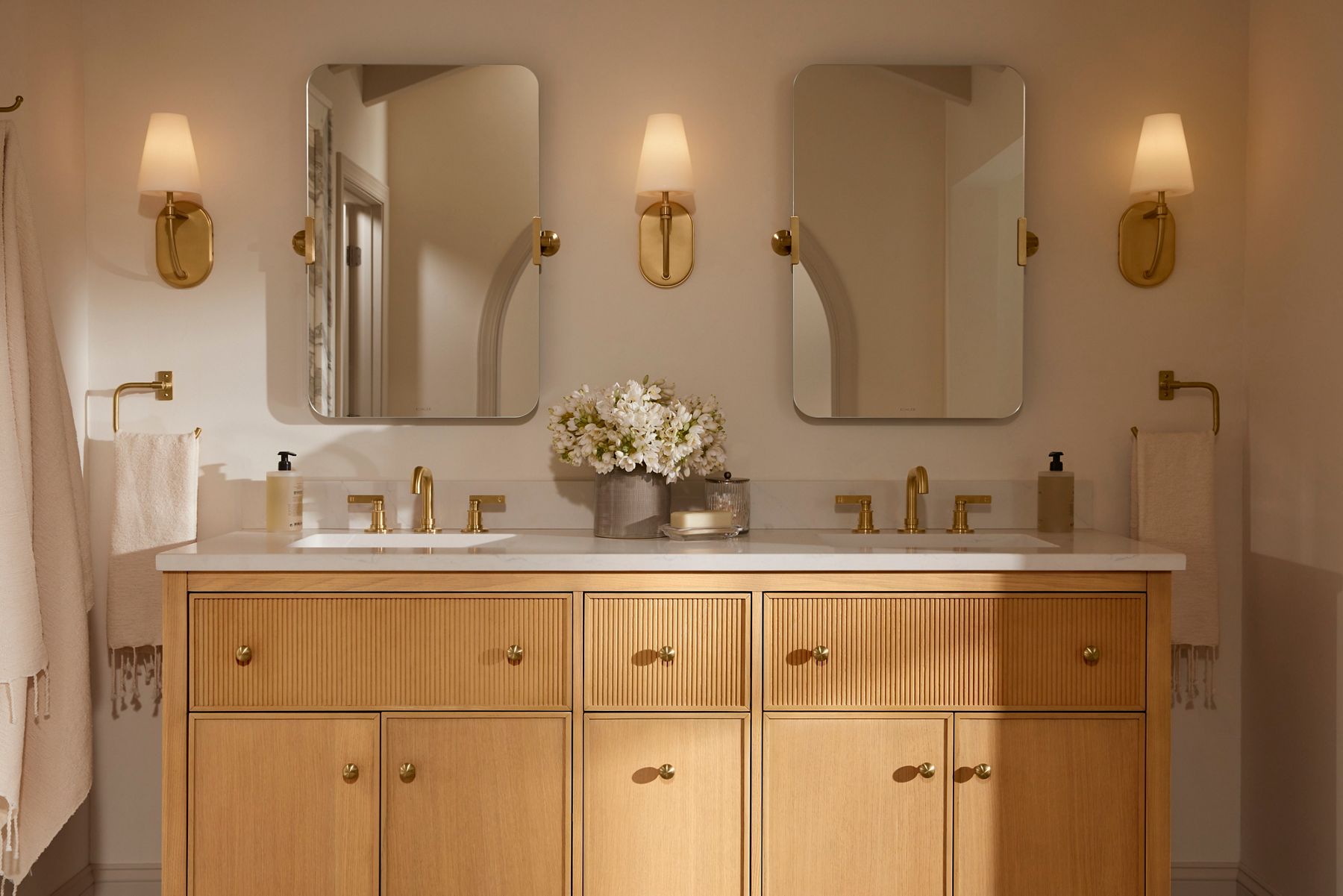 A Malin vanity in natural wood finish from the Kohler and Studio McGee collection.