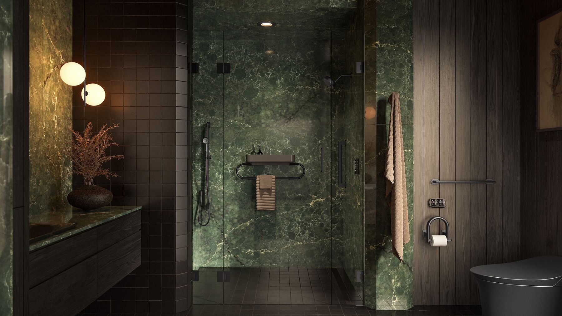 Salle de bain luxueuse montrant une douche fermée en verre, avec murs en marbre vert, une douchette et une tablette encastrée. Cette conception comprend un éclairage chaleureux, un meuble-lavabo noir avec des accents décoratifs et des accessoires modernes.
