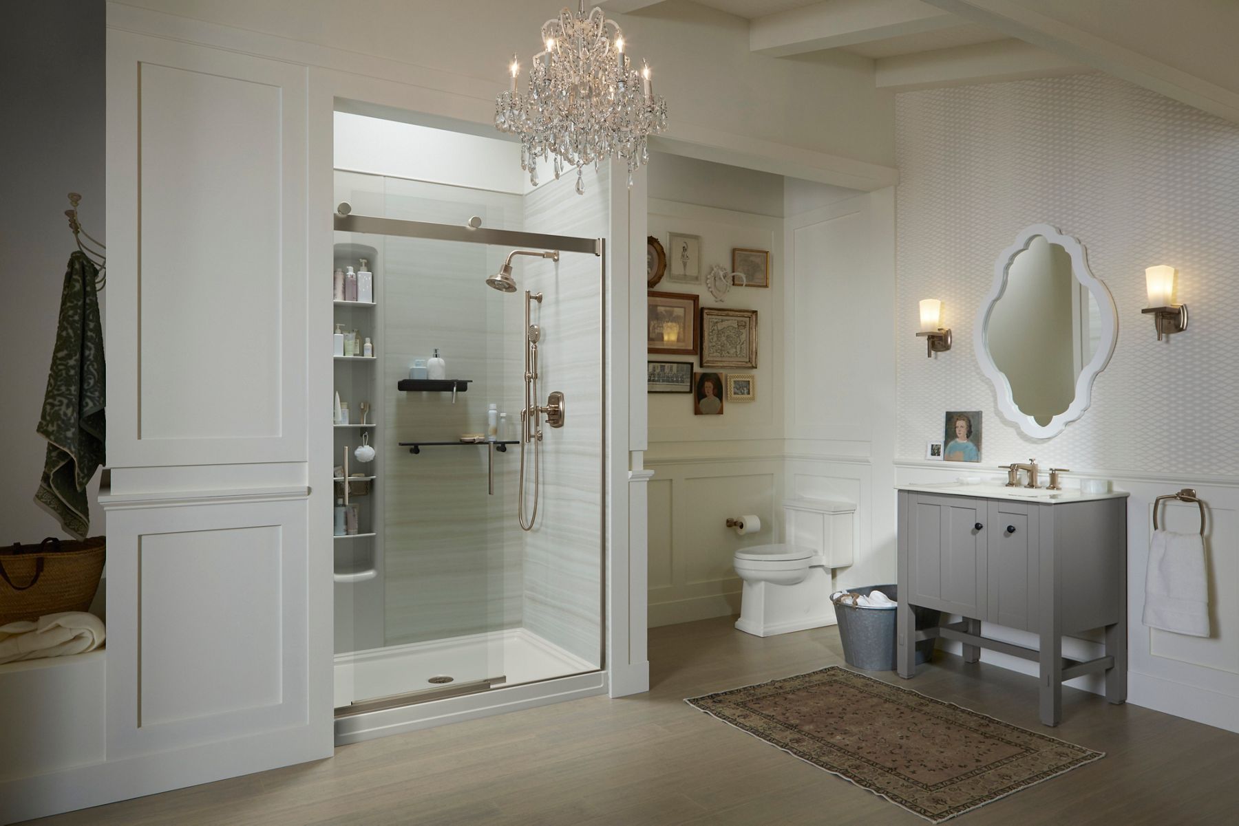 A bathroom in whites, grays and brused bronze, with Tresham collection products.