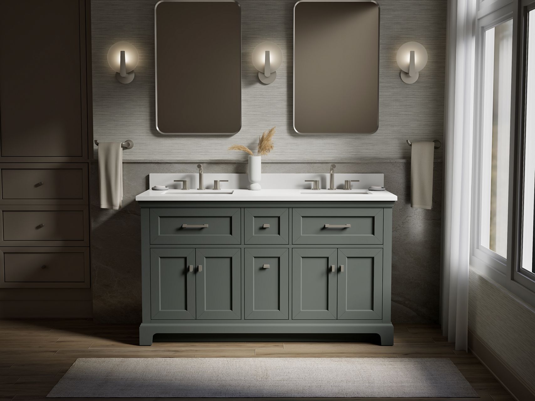 Gray double vanity with white countertop, two rectangular mirrors, wall sconces, and brushed metal fixtures in a softly lit bathroom.
