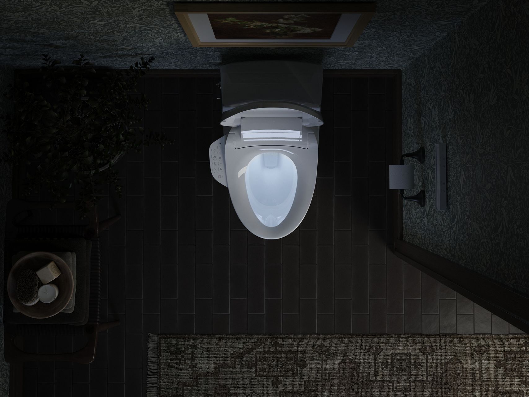 Top down view of a bidet seat with the lid open, showing the bowl and control panel