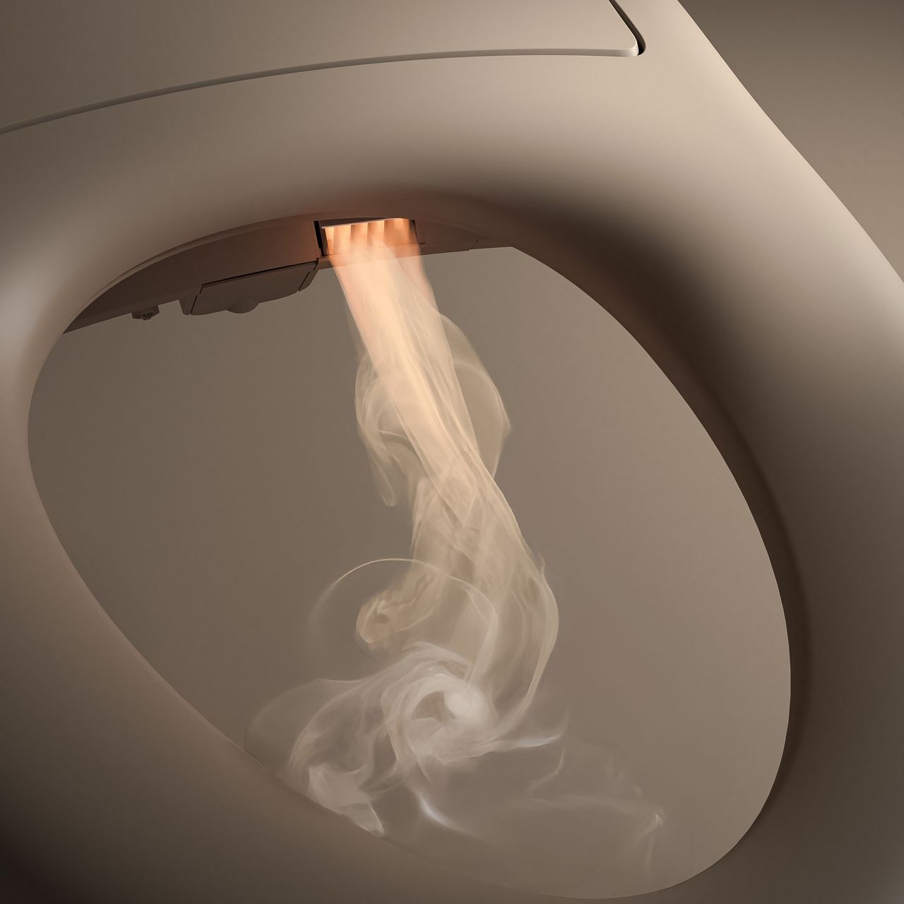 Close-up of a bidet nozzle releasing a soft, illuminated stream of water downward inside the toilet bowl, highlighting touchless cleaning functionality.