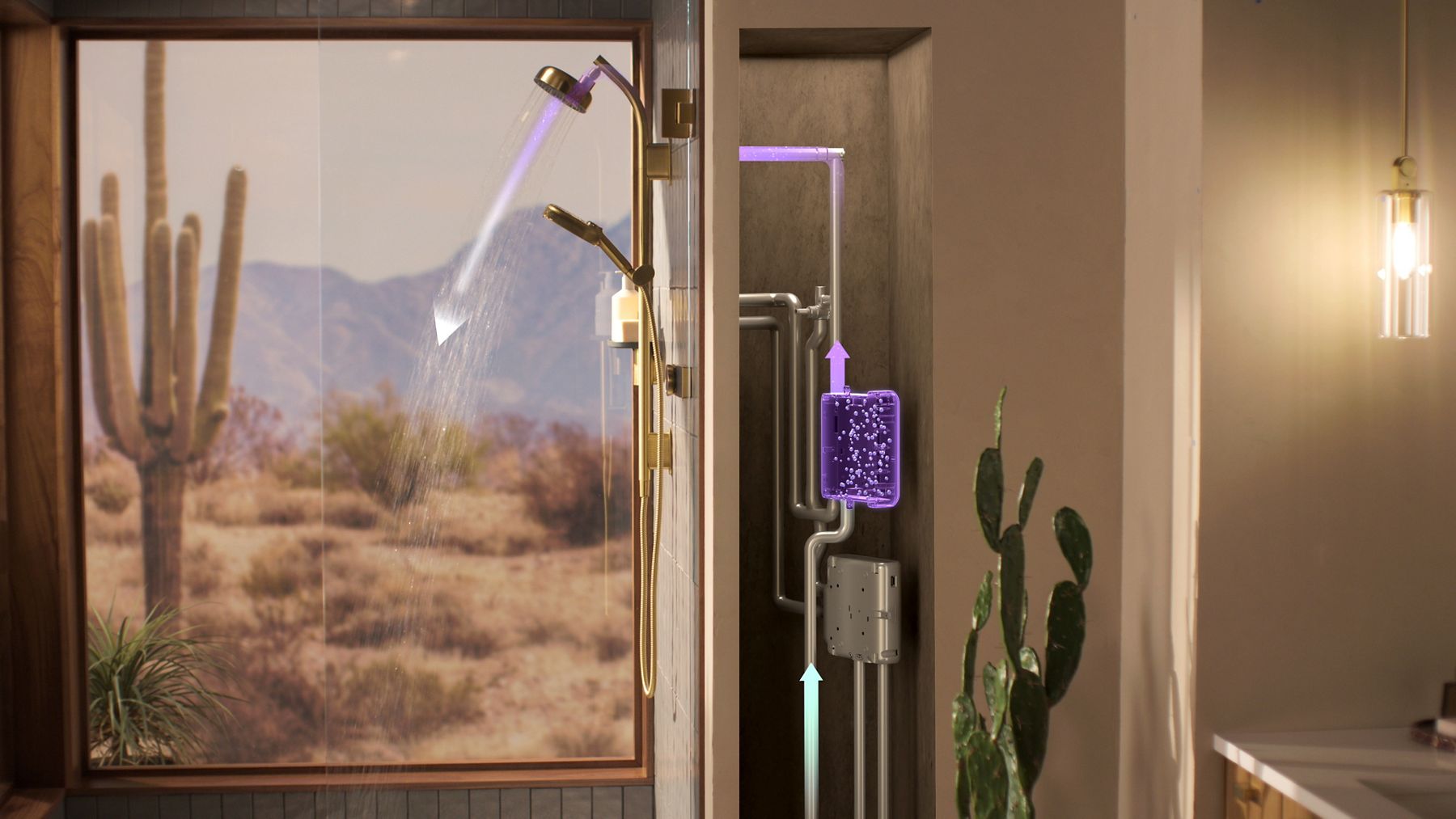 Cutaway view of the Kohler Anthem EvoCycle shower highlighting the built-in water filtration and advanced cleaning process behind the wall.