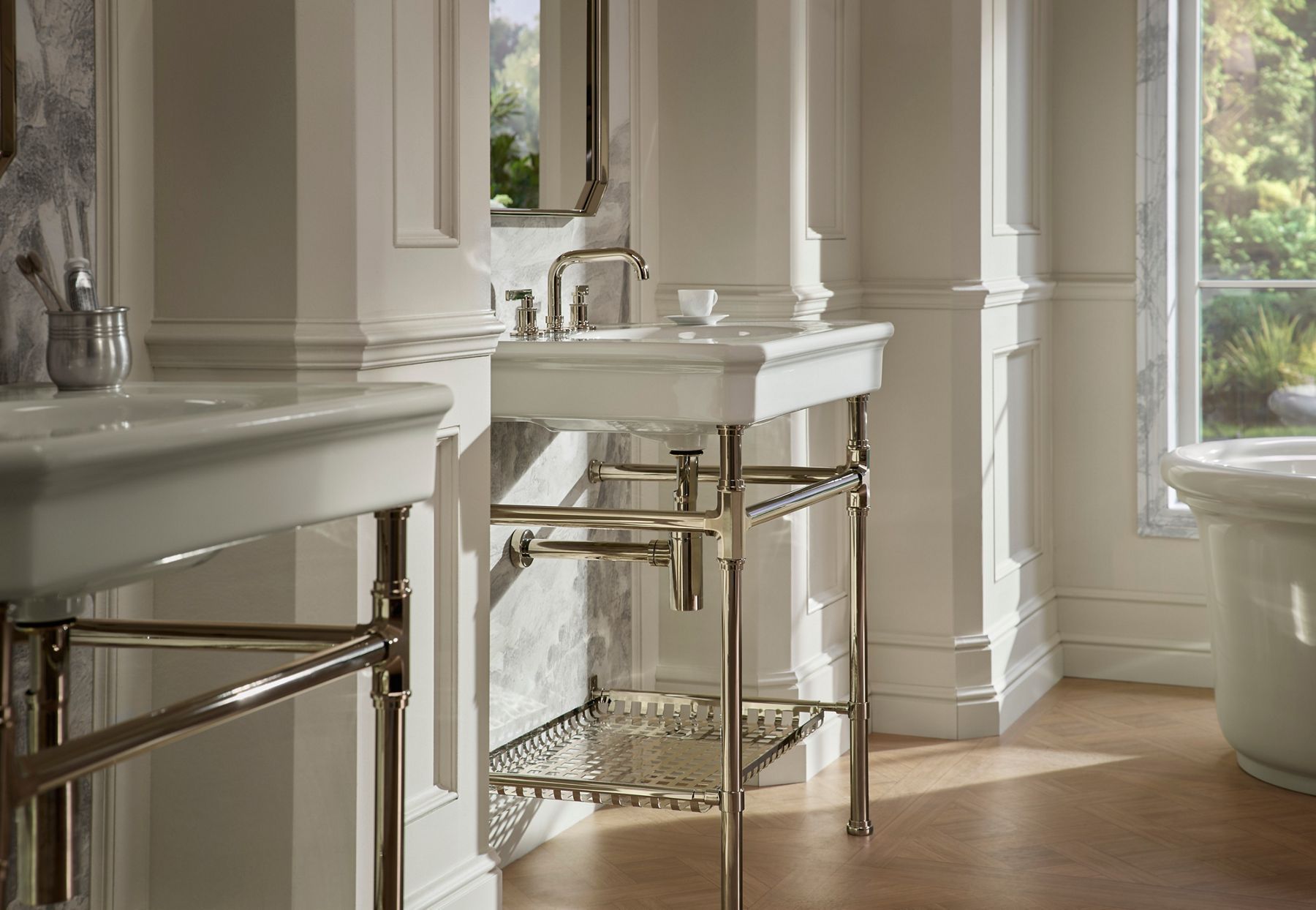 Claude  rectangular console table bathroom sink in White with Vibrant Polished Nickel legs, lower shelf, and faucet.