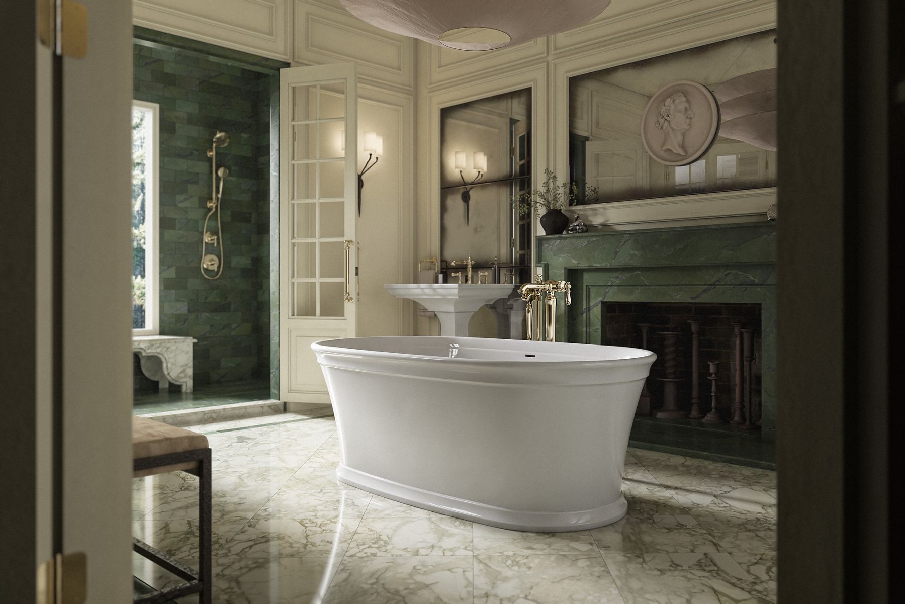 A light and bright bathroom with a white traditional style freestanding bath tub and a white pedestal sink installed near a fireplace