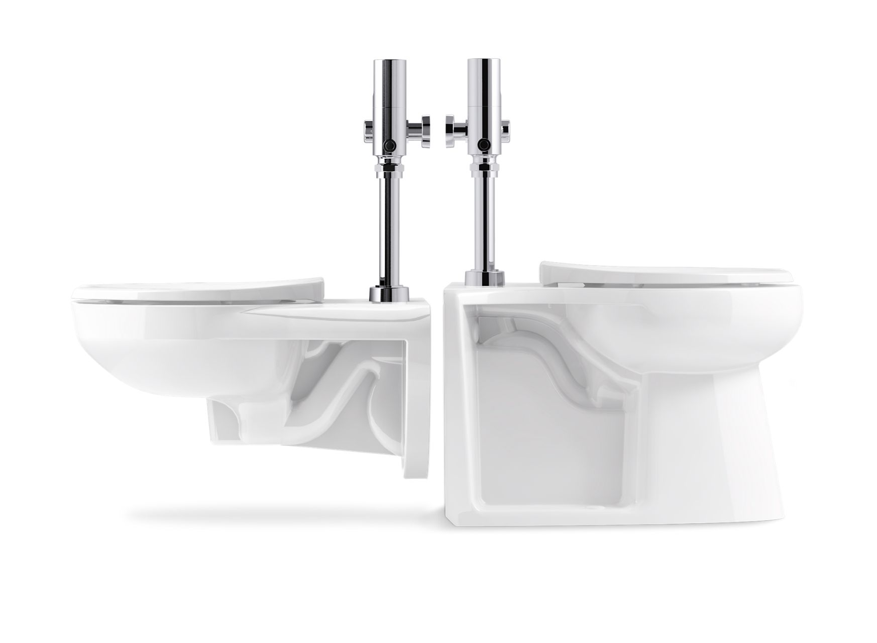 Graphic of a Modflex floor-mount toilet sitting back-to-back with a wall-mount toilet against a white background to compare the two toilets.