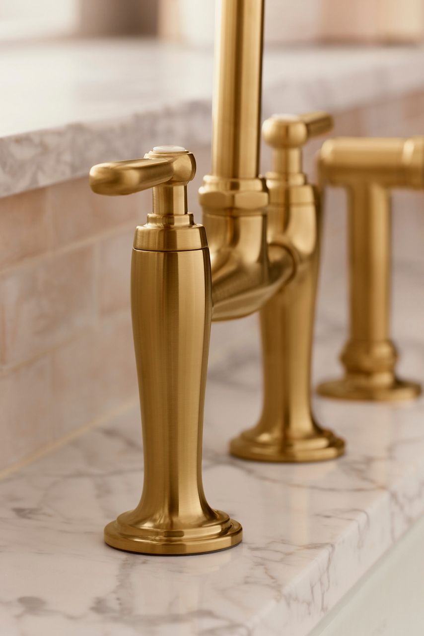 Close up of a kitchen bridge faucet in brushed brass.