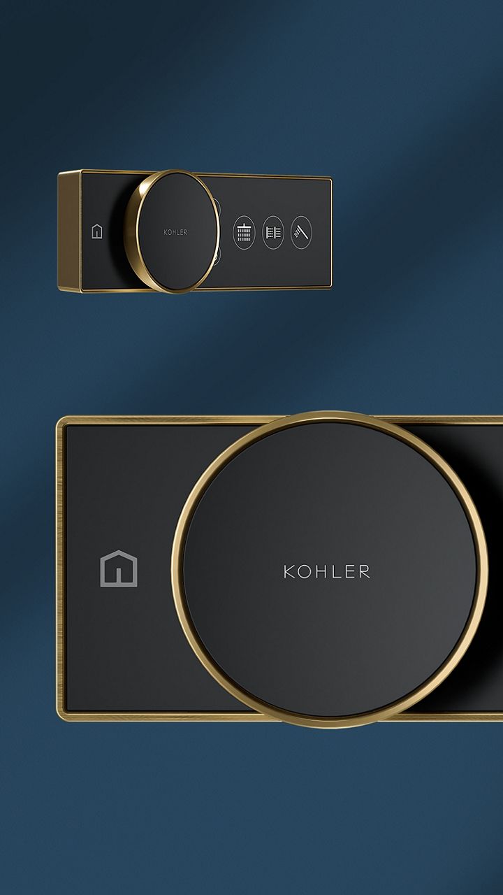 Two views of a KOHLER Anthem digital shower controller against a blue background.