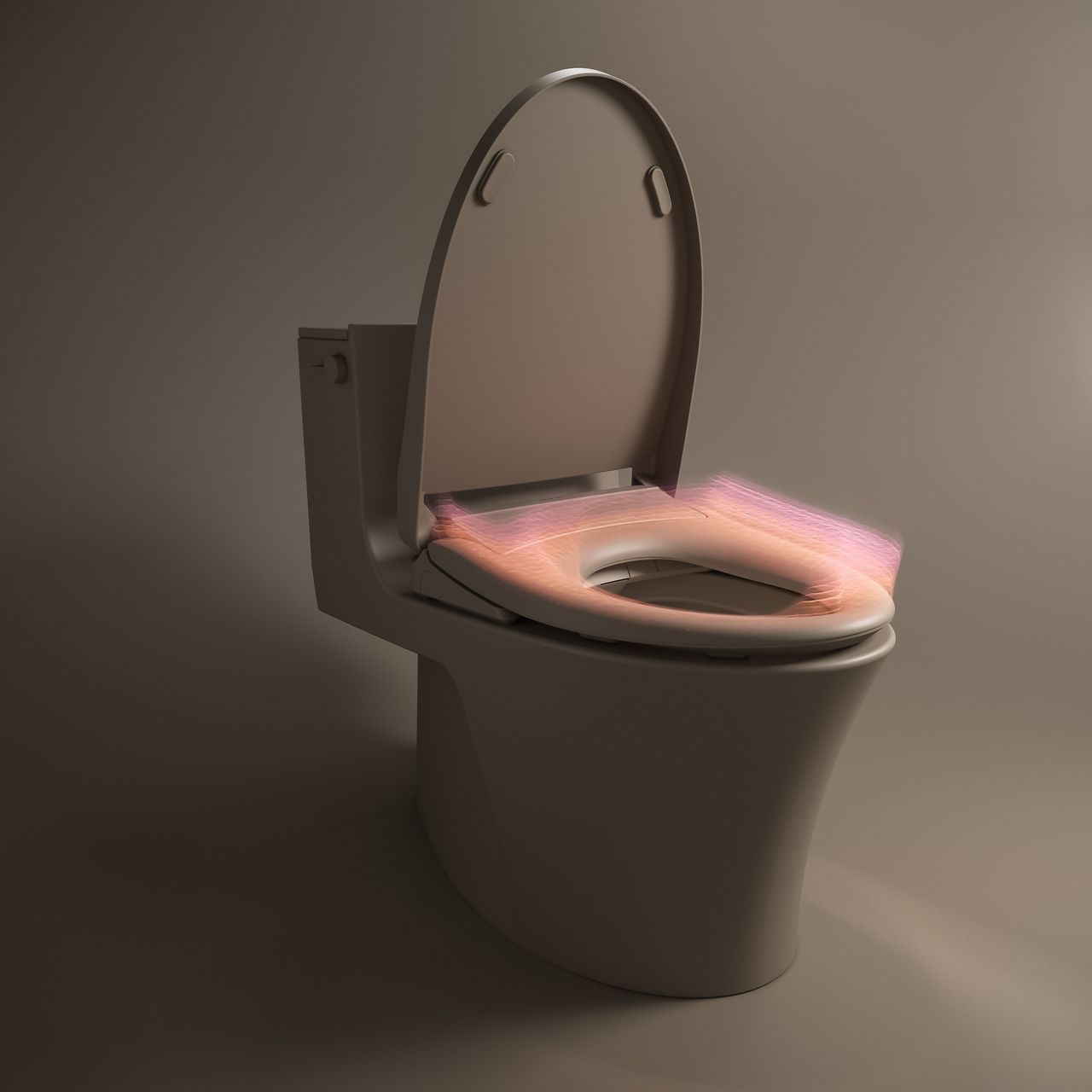 Bidet seat shown on a toilet with a warm glowing overlay illustrating a heated seat surface
