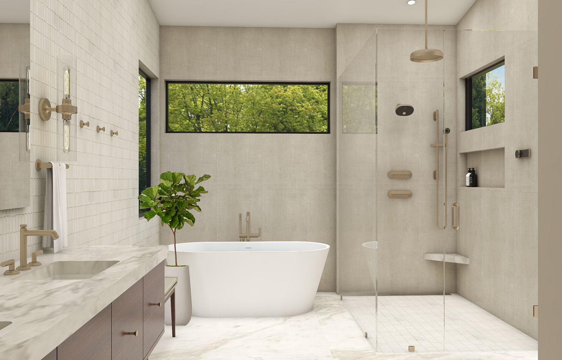 White freestanding tub in a glass shower enclosure with greenery view