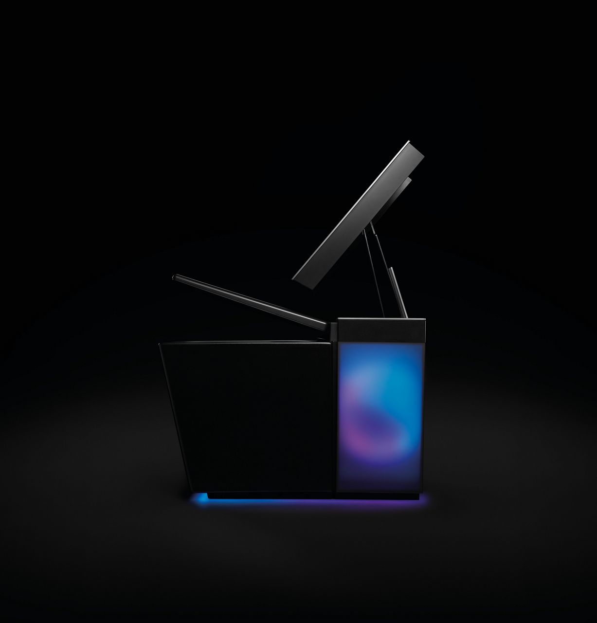 A black smart toilet with the lid and seat half-way open and the rear and underside illuminated in a blue and purple light.