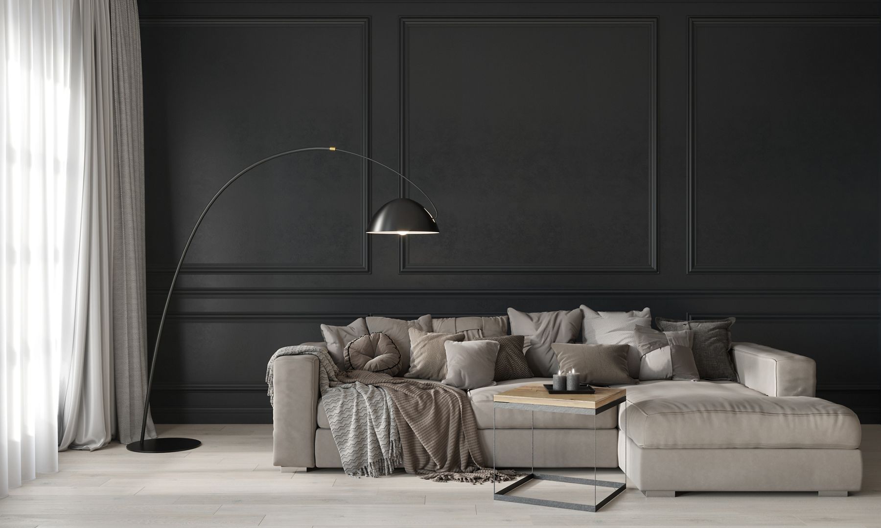 Contemporary living room with a large cream sectional sofa, black paneled accent wall, arched floor lamp, and floor-to-ceiling sheer curtains creating a warm, modern atmosphere.