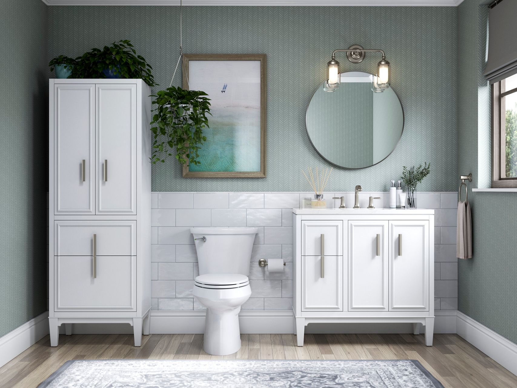 A white linen tower next to a white toilet with a mirror over it and a plant hanging from the ceiling.