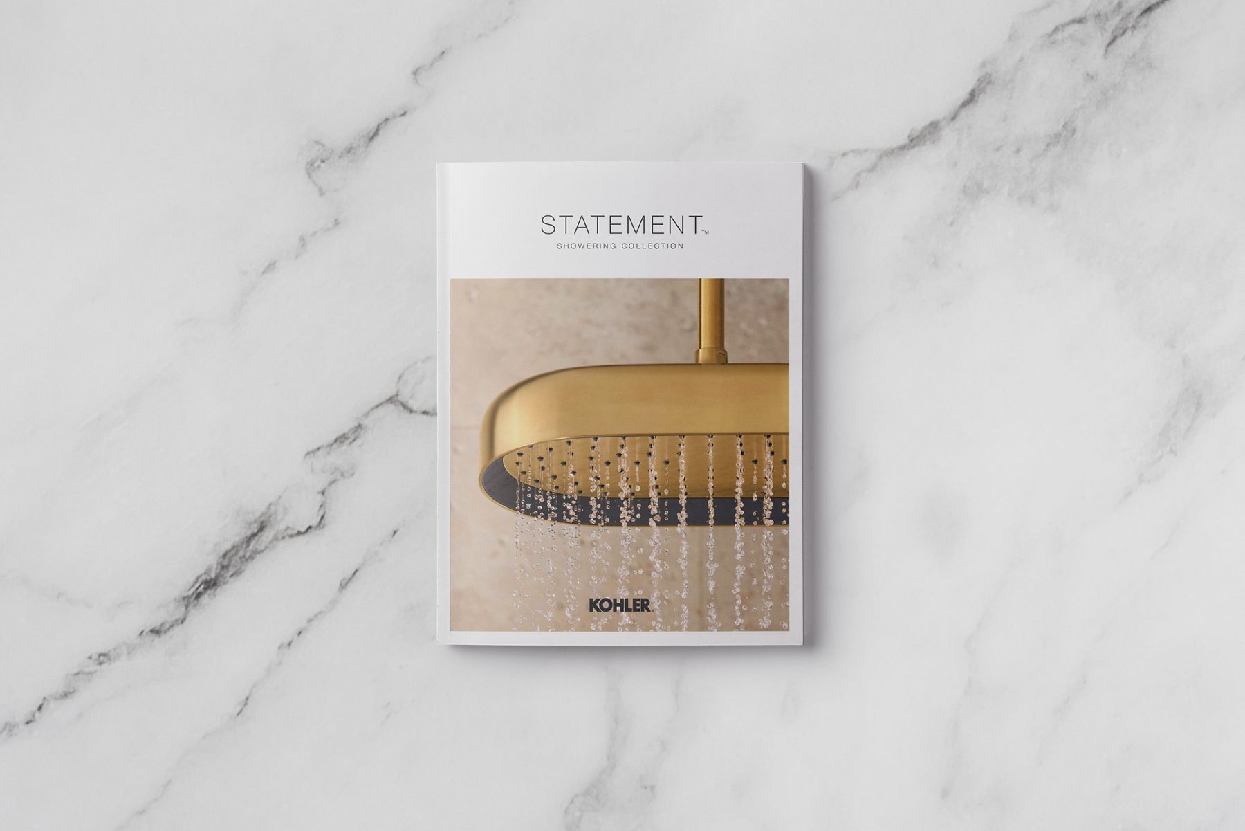 The cover of a brochure showing an oblong rainhead in brushed brass with water falling straight down from it.