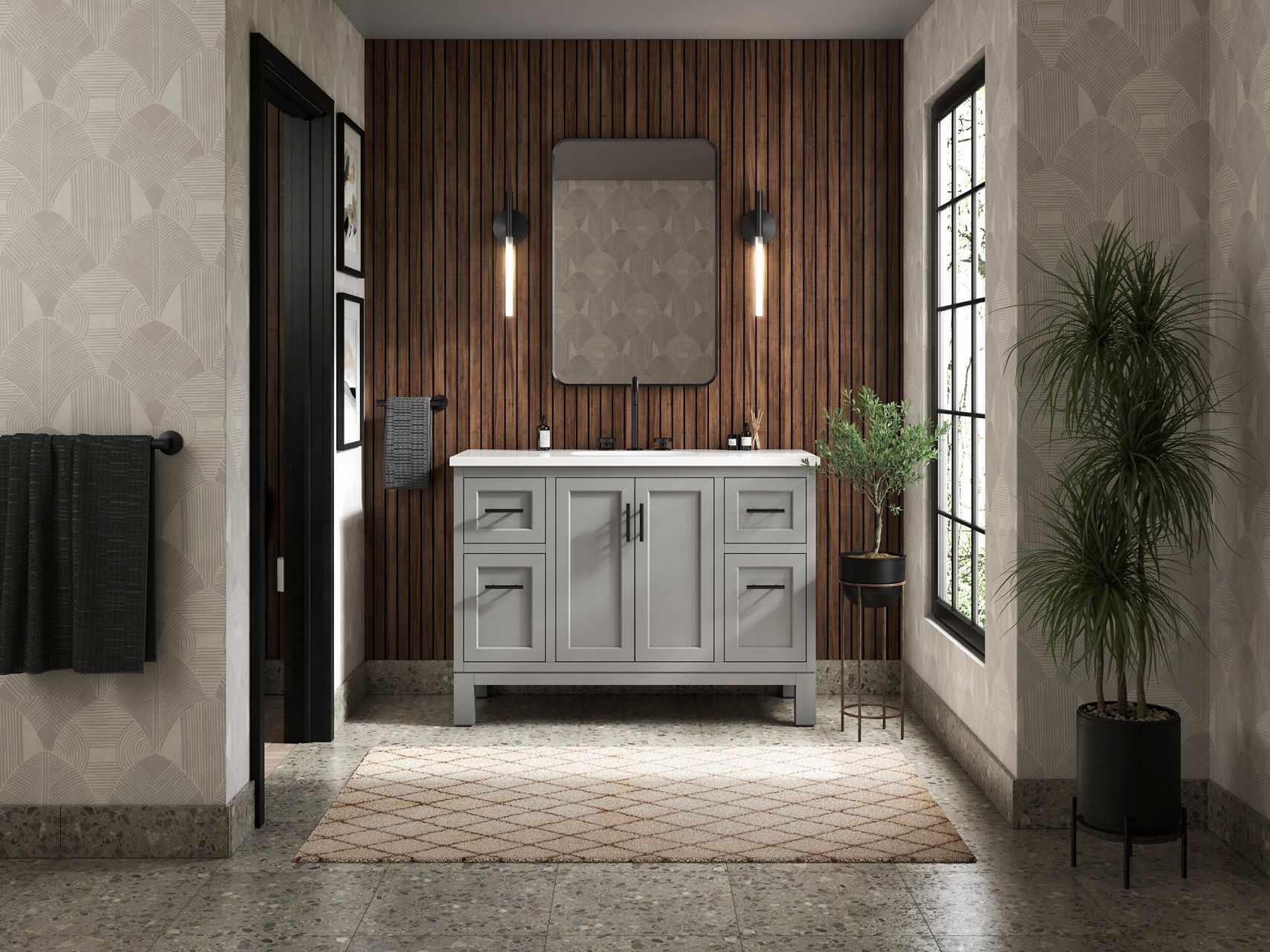 Gray double-door vanity with shaker-style details