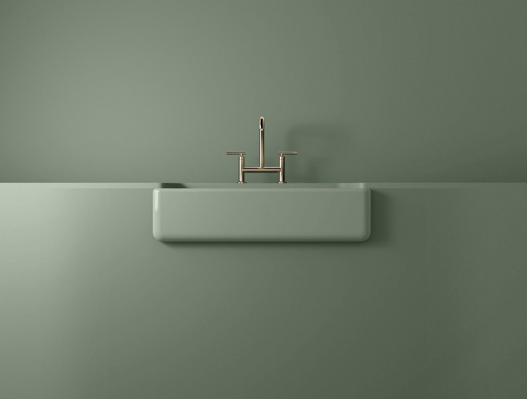 Minimalist white wall-mounted sink with a widespread faucet against a muted green wall.