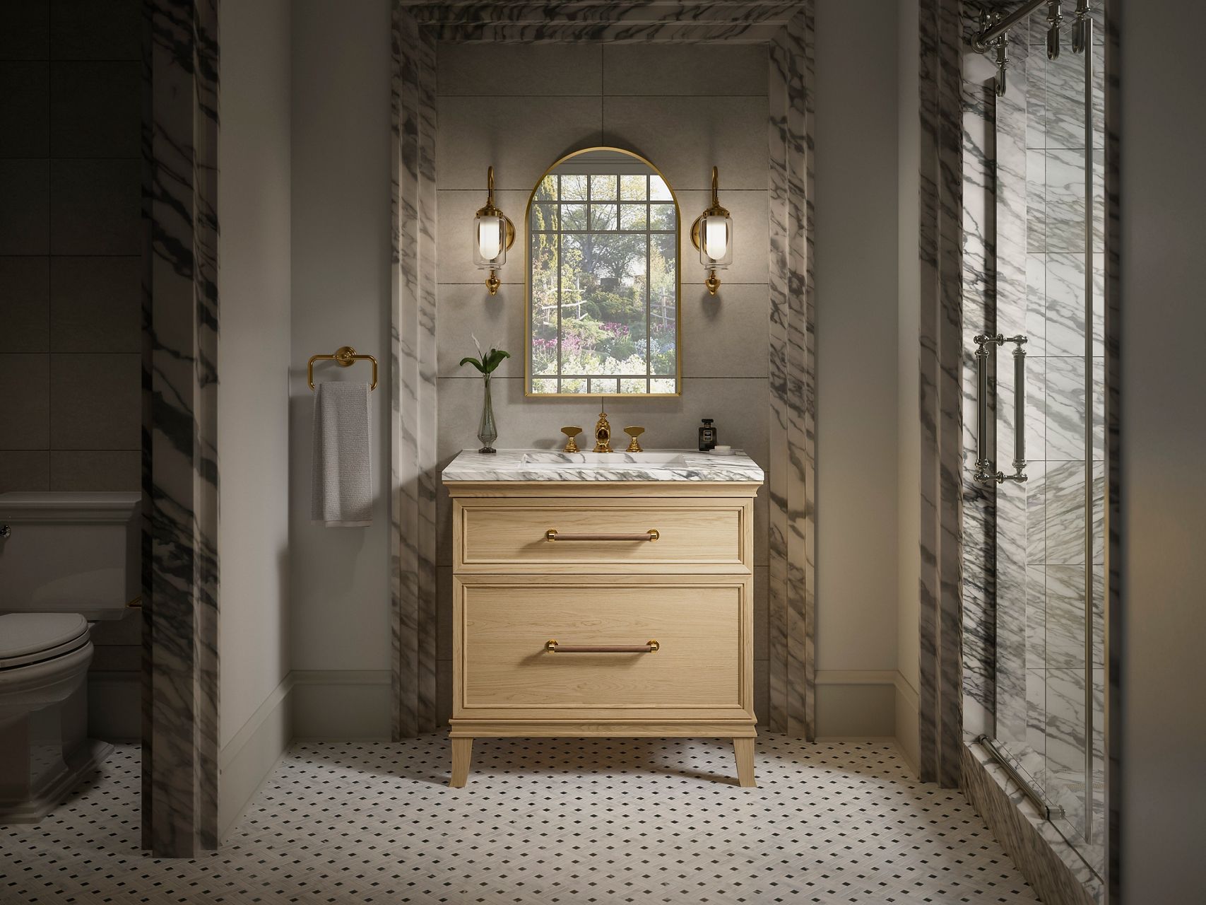 Light wood single-sink vanity with marble top