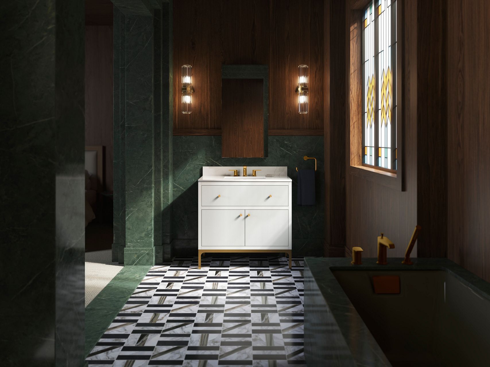 White vanity with flat front drawers and golden handles and faucet.