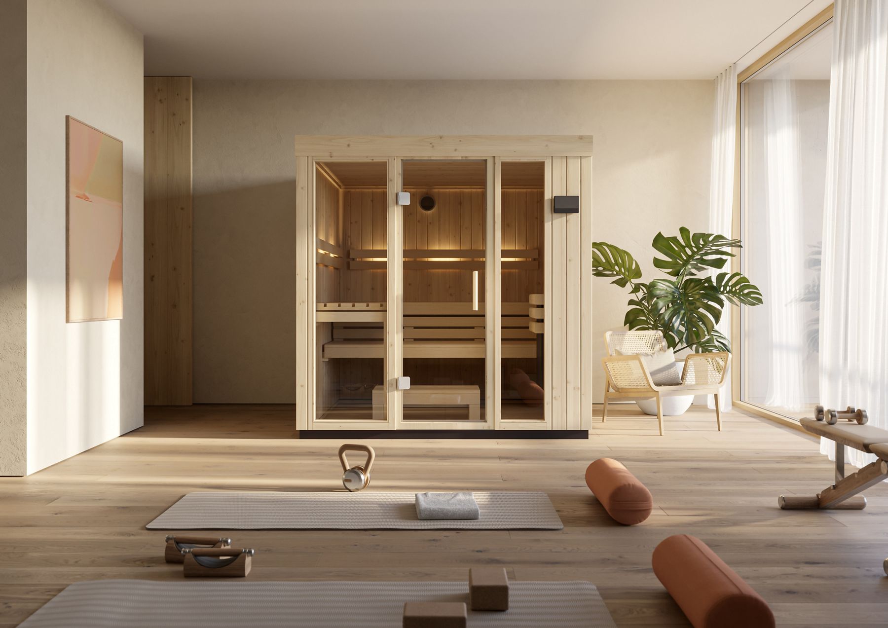 Modern wellness room with yoga mats, props, and a glass-fronted wooden sauna and glass steam room for relaxation and recovery.